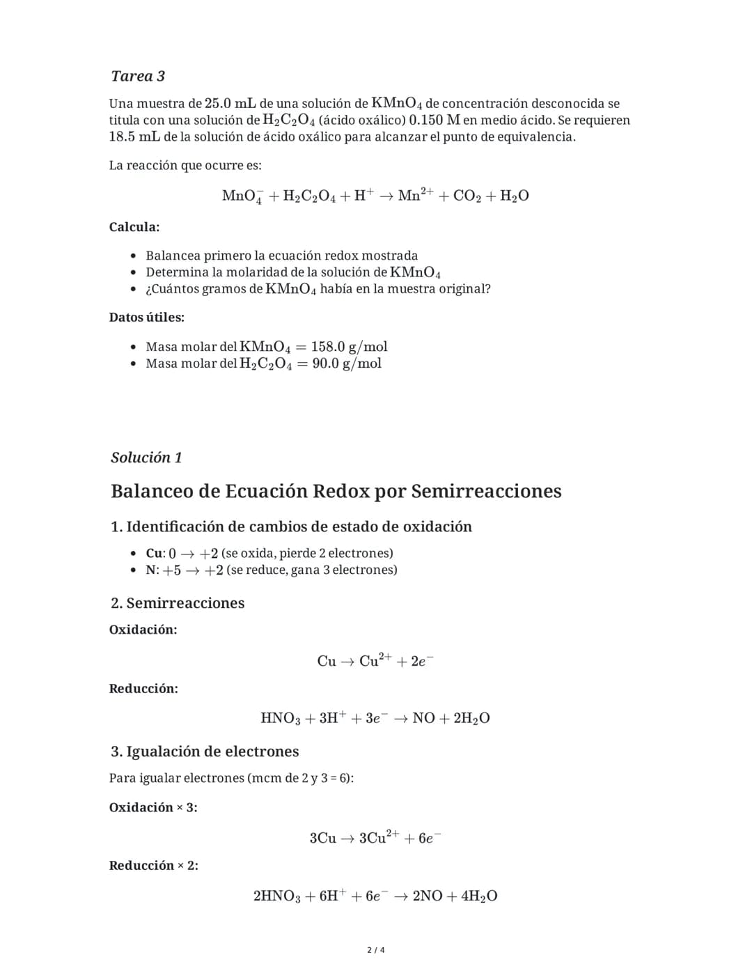 --- OCR Start ---
Balanceo de Ecuaciones Redox
2 June 2025
Tarea 1
Balancea la siguiente ecuación redox utilizando el método del ion-electró