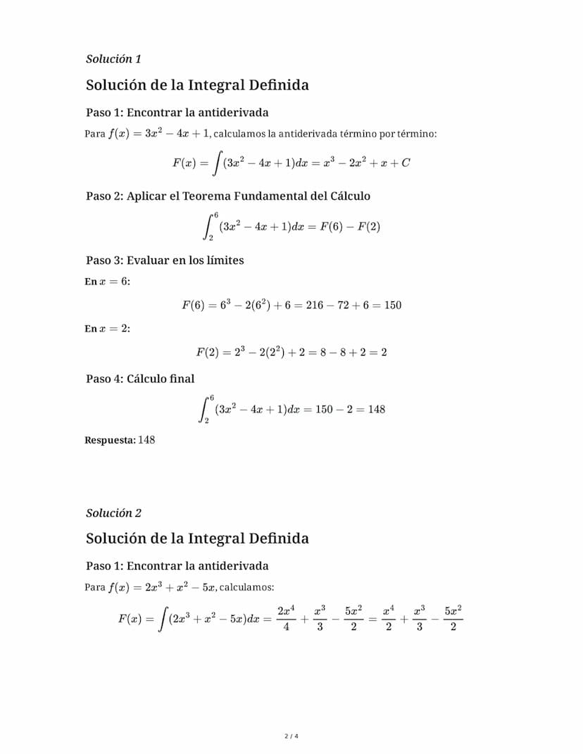 Cálculo de Integrales Definidas
Tarea 1
Calcula la integral definida: $\int_2^6 (3x^2 - 4x + 1)dx$
Muestra todos los pasos de tu solución, i