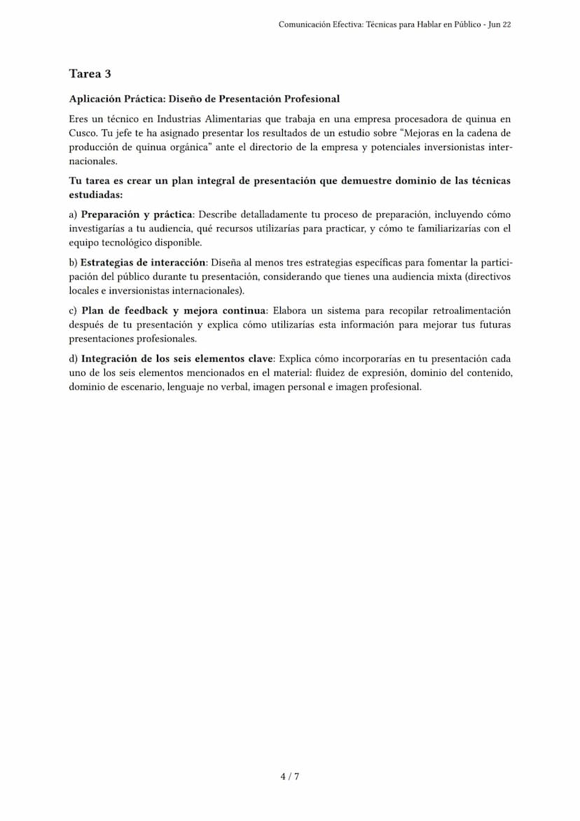 # Comunicación Efectiva: Técnicas para Hablar en Público

Generado por Lila Camus - Jun 22

Descripción: Evalúa técnicas de presentación, le