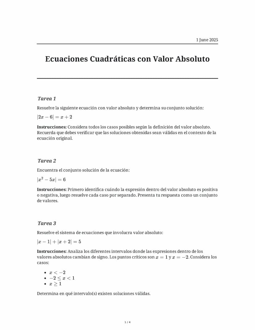 # Ecuaciones Cuadráticas con Valor Absoluto

1 June 2025

## Tarea 1

Resuelve la siguiente ecuación con valor absoluto y determina su conju