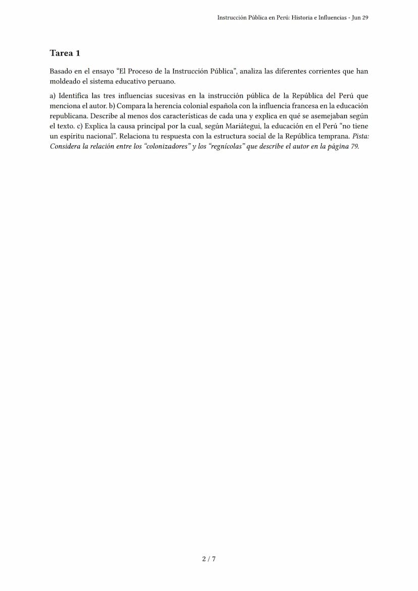 Instrucción Pública en Perú: Historia e Influencias
Generado por Euler Ronaldo Gabriel Terrones - Jun 29
Descripción: Este examen evalúa la 