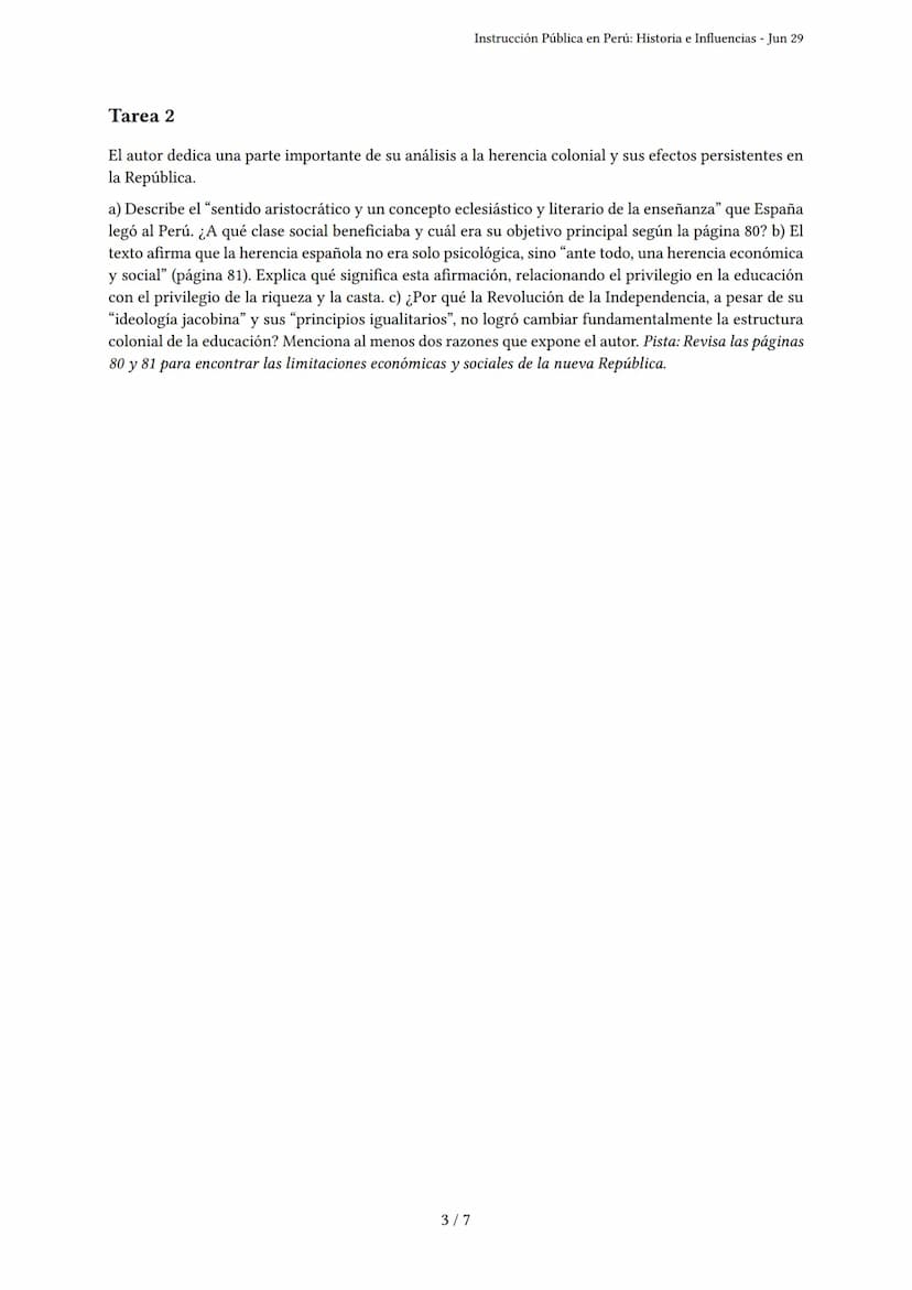 Instrucción Pública en Perú: Historia e Influencias
Generado por Euler Ronaldo Gabriel Terrones - Jun 29
Descripción: Este examen evalúa la 