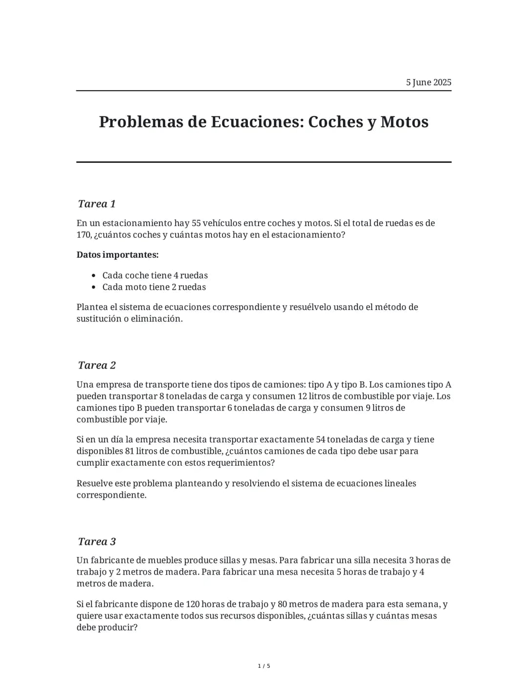 Problemas de Ecuaciones: Coches y Motos