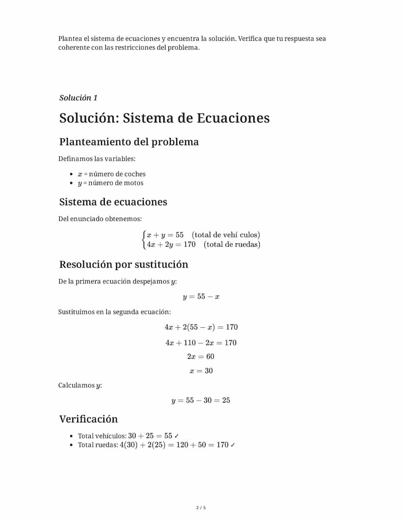5 June 2025
Problemas de Ecuaciones: Coches y Motos
Tarea 1
En un estacionamiento hay 55 vehículos entre coches y motos. Si el total de rued