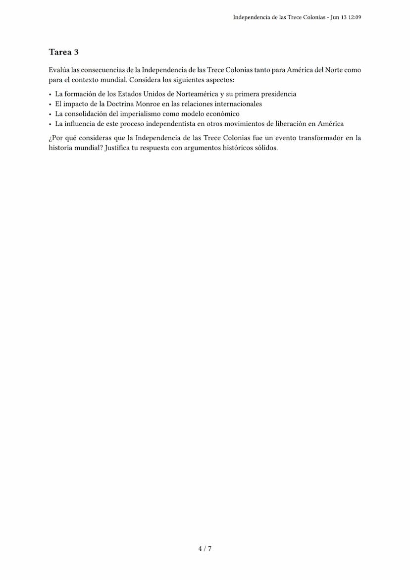 Independencia de las Trece Colonias
Generado por - Jun 13 12:09
Descripción: Este examen evalúa las causas, el proceso y las consecuencias d