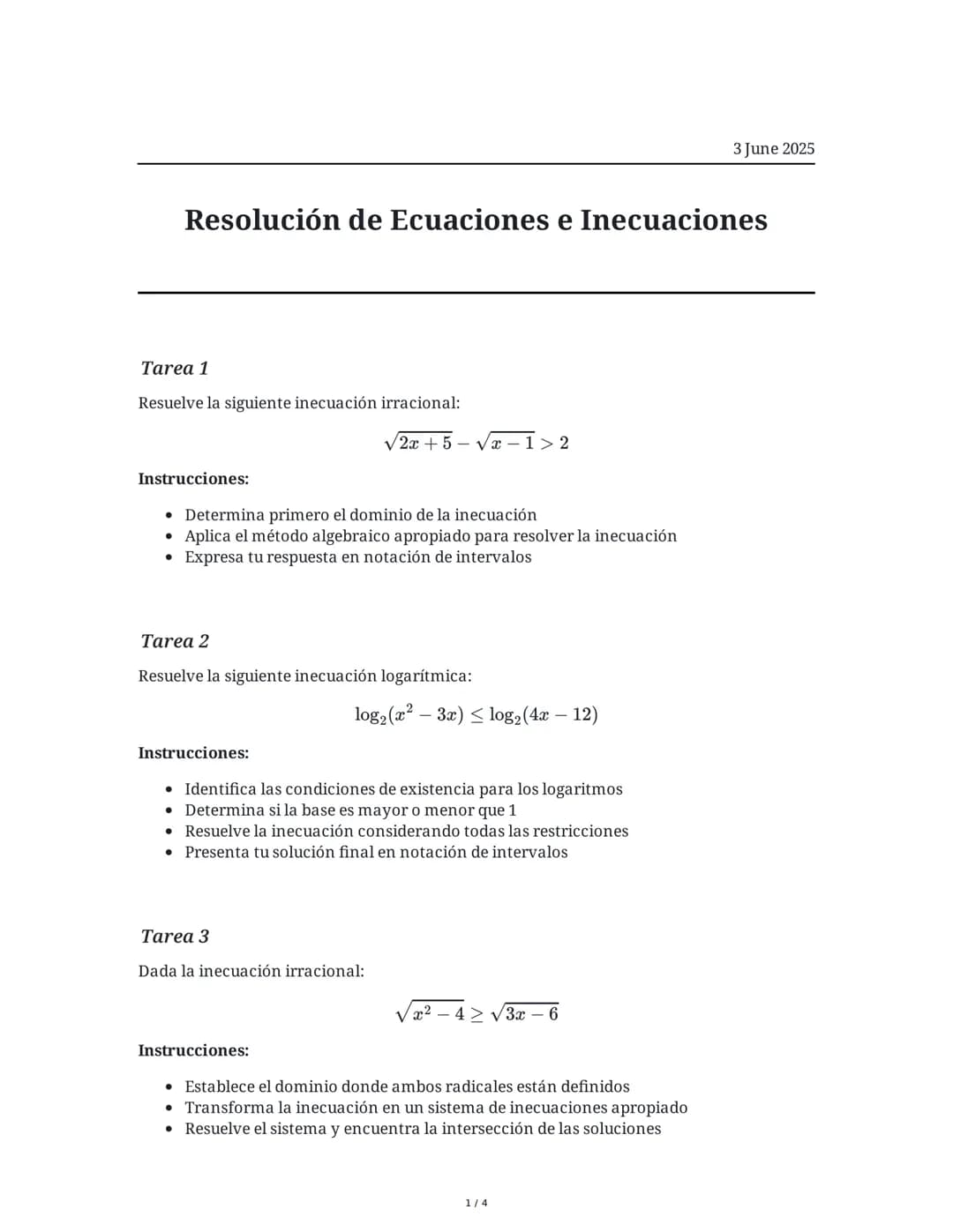 3 June 2025
Resolución de Ecuaciones e Inecuaciones
Tarea 1
Resuelve la siguiente inecuación irracional:
$\sqrt{2x+5} - \sqrt{x-1} > 2$
Inst