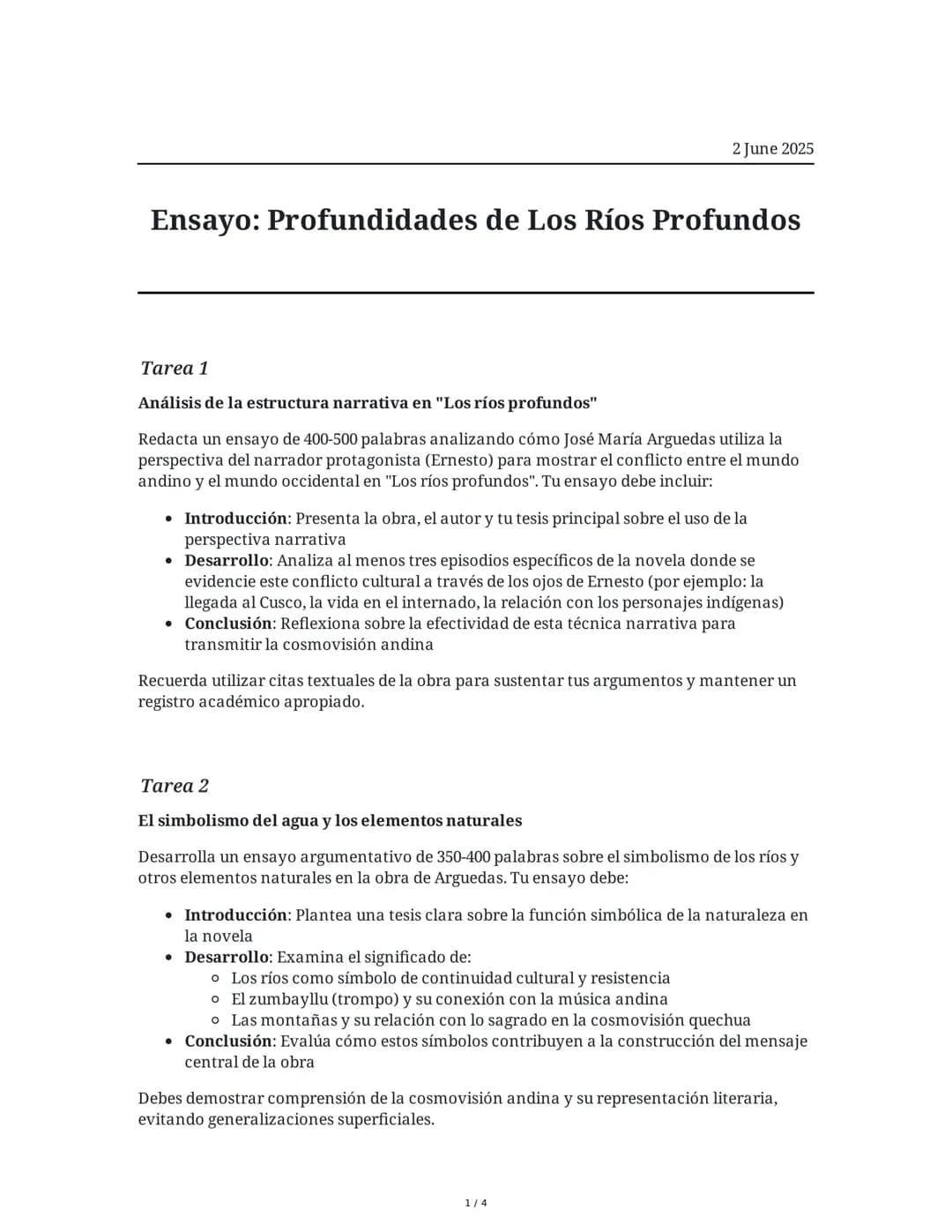 2 June 2025
Ensayo: Profundidades de Los Ríos Profundos
Tarea 1
Análisis de la estructura narrativa en "Los ríos profundos"
Redacta un ensay