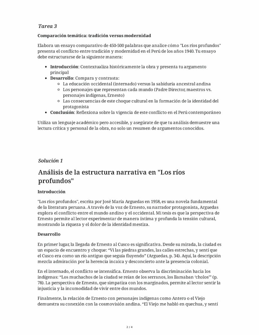 2 June 2025
Ensayo: Profundidades de Los Ríos Profundos
Tarea 1
Análisis de la estructura narrativa en "Los ríos profundos"
Redacta un ensay