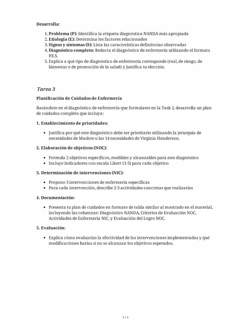 1 June 2025
Proceso de Atención Enfermería: Valoración y
Diagnóstico
Tarea 1
Análisis del Proceso de Atención de Enfermería (PAE)
Analiza el