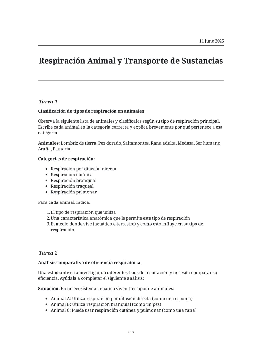 Respiración Animal y Transporte de Sustancias