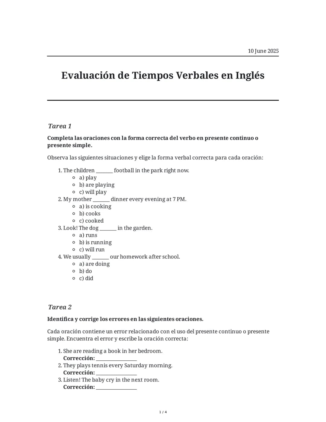 Evaluación de Tiempos Verbales en Inglés