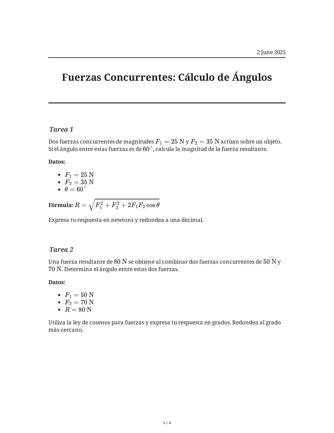 Fuerzas Concurrentes: Cálculo de Ángulos