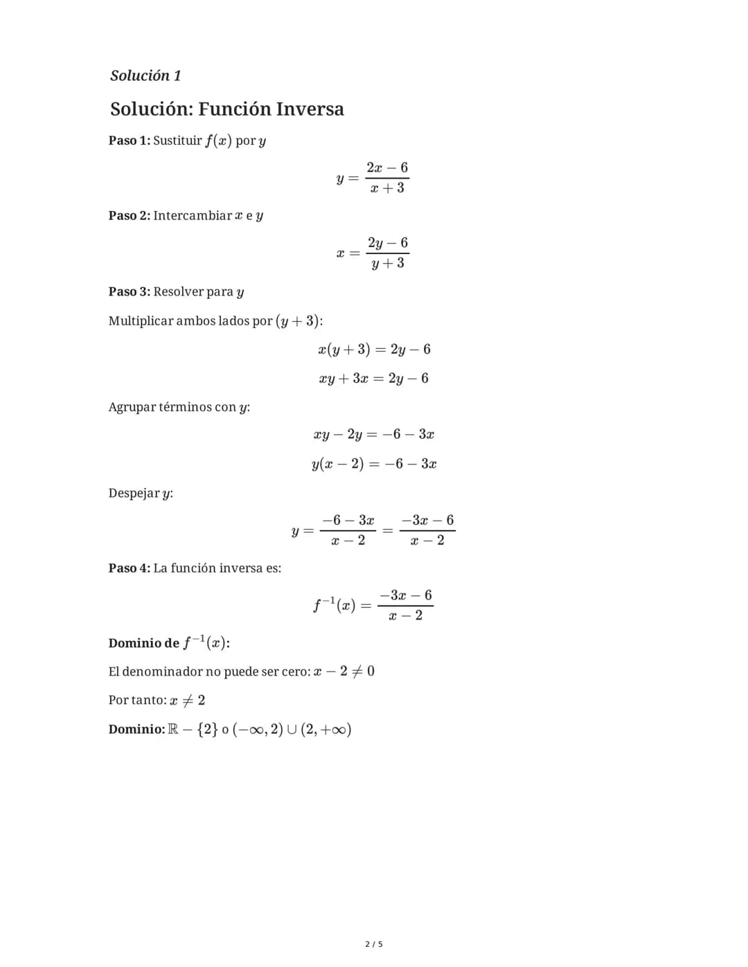--- OCR Start ---
Función Inversa y Dominio
4 June 2025
Tarea 1
Dada la función f(x) = \frac{2x-6}{x+3}, determina la función inversa f⁻¹(x)
