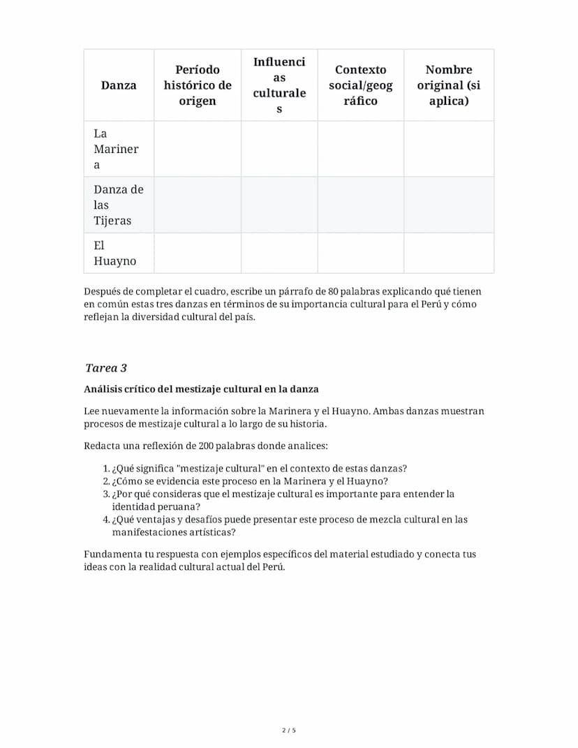 31 May 2025
Danzas Peruanas: Historia y Significado
Cultural
Tarea 1
Análisis conceptual de la danza
Basándote en el material estudiado, red