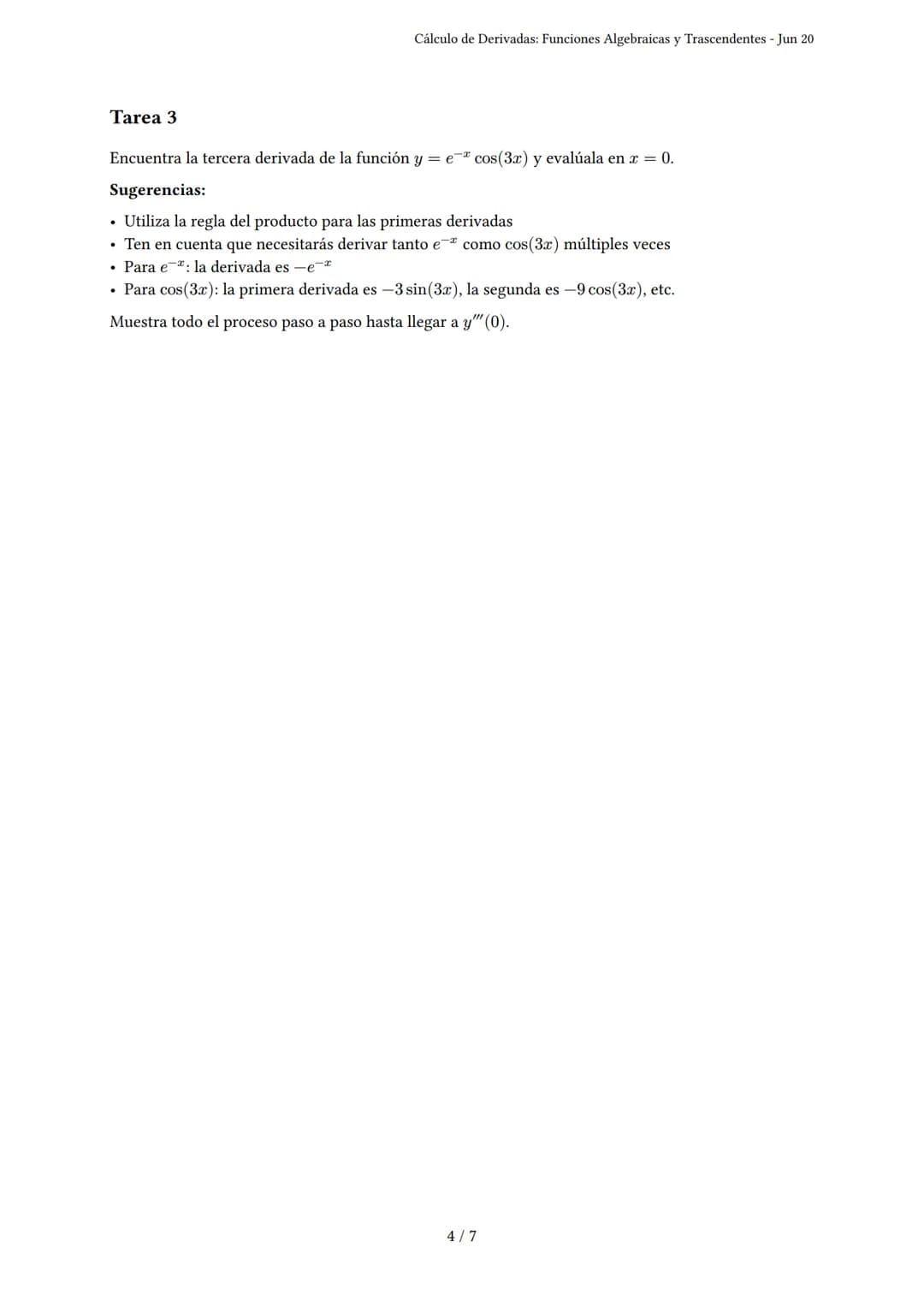 Cálculo de Derivadas: Funciones Algebraicas y Trascen-
dentes
Generado por Angelina mishell - Jun 20
Descripción: Este examen evalúa derivad