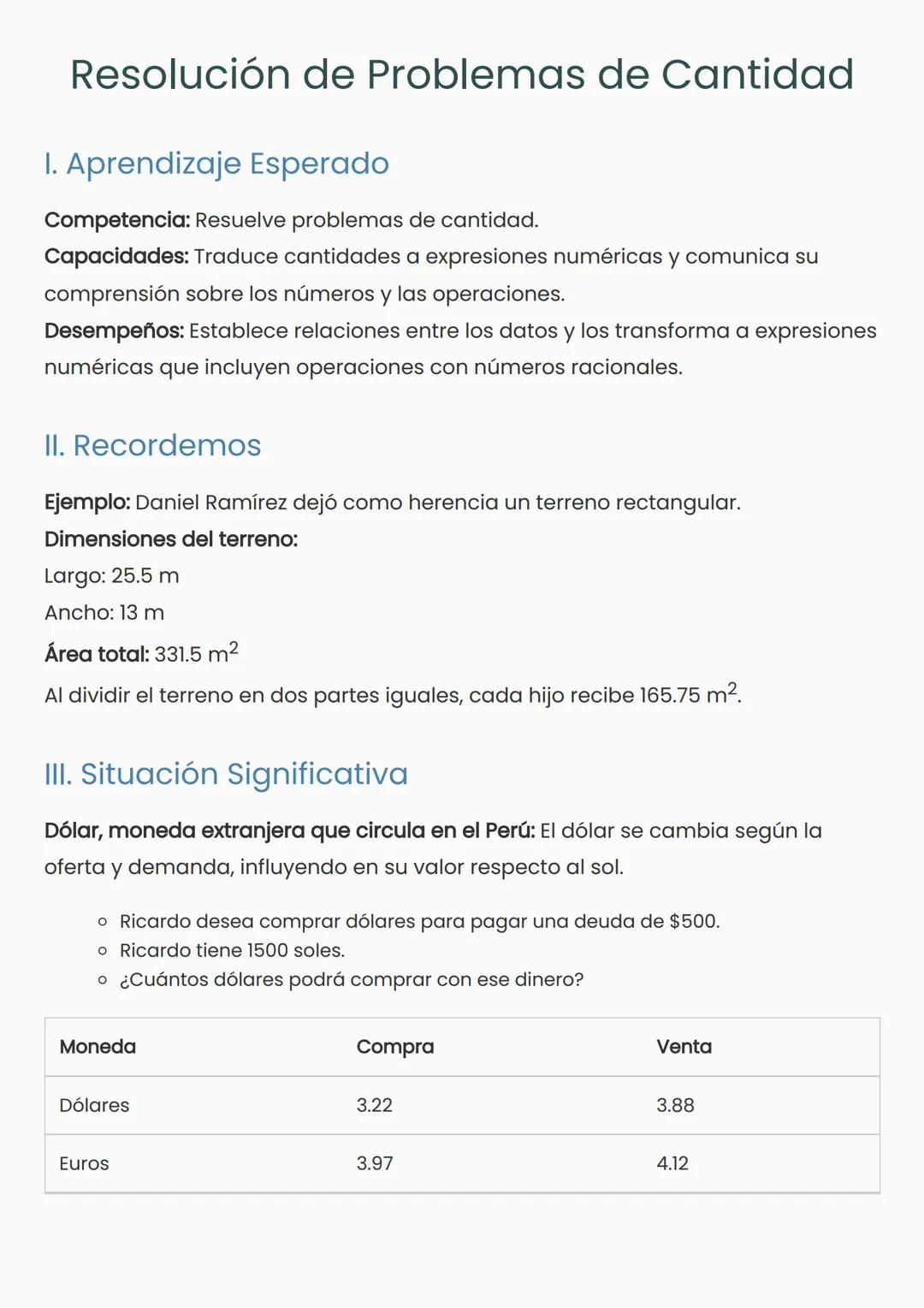 # Resolución de Problemas de Cantidad
## I. Aprendizaje Esperado
Competencia: Resuelve problemas de cantidad.
Capacidades: Traduce cantid