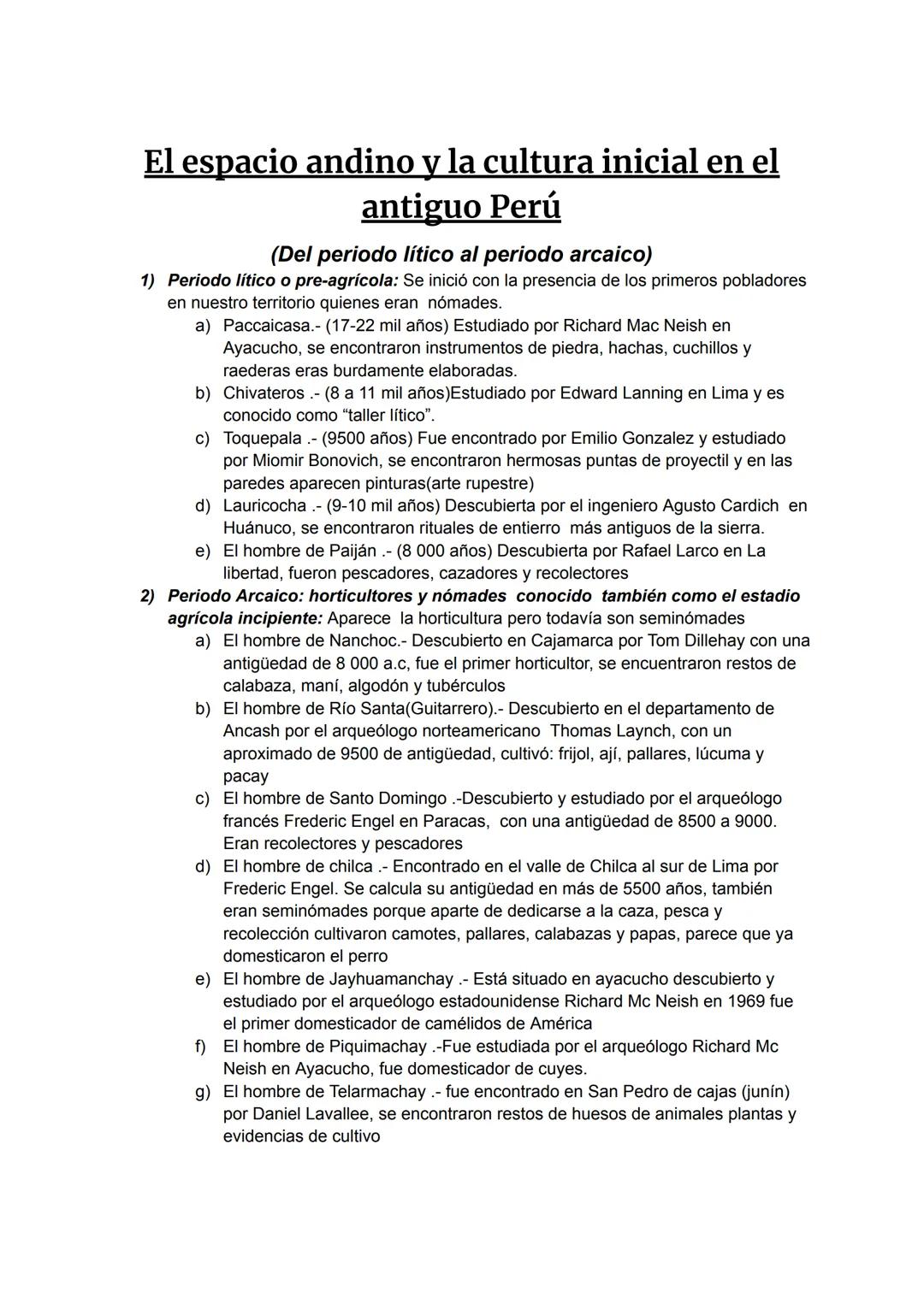 # El espacio andino y la cultura inicial en el
antiguo Perú
(Del periodo lítico al periodo arcaico)
1) Periodo lítico o pre-agrícola: Se i