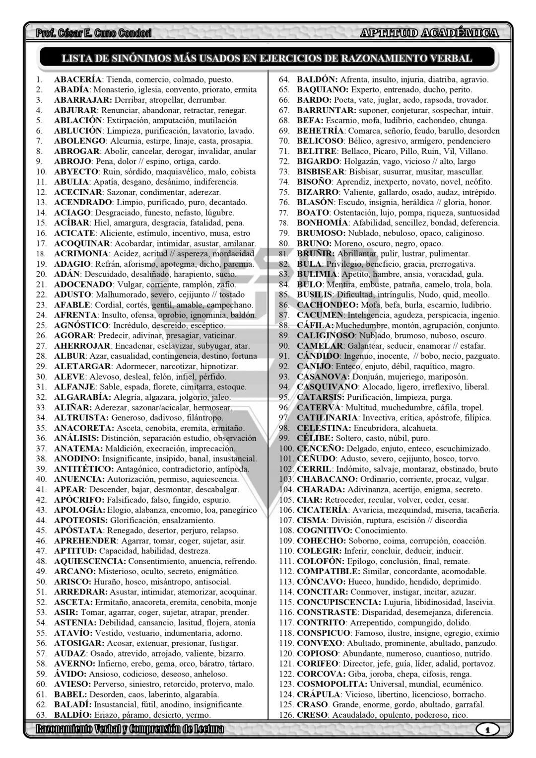 Prof. César E. Cuno Condori
APTITUD ACADÉMICA
LISTA DE SINÓNIMOS MÁS USADOS EN EJERCICIOS DE RAZONAMIENTO VERBAL
1. ABACERÍA: Tienda, com