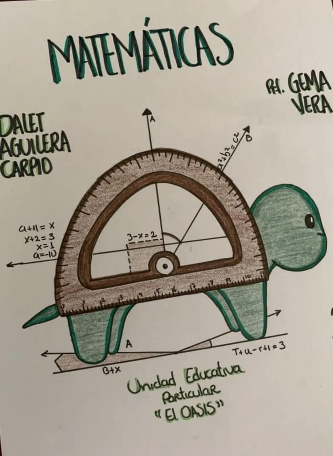 # MATEMÁTICAS
DALET
AGUILERA
CARPIO
$a+11=x$
$x+2=3$
$x=1$
$a=-10$
$2+b^{2}=c^{2}$
3-x=2
A
B+x
T+u-r+1=3
Unidad Educativa
Particular