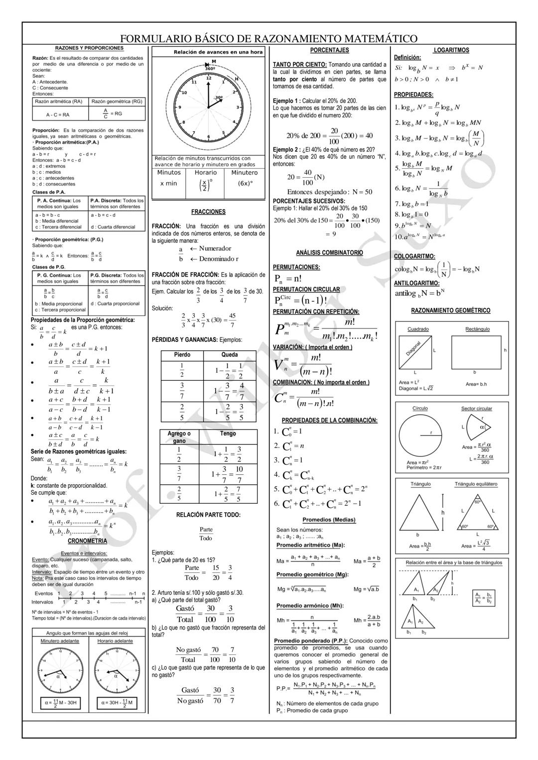 # FORMULARIO BÁSICO DE RAZONAMIENTO MATEMÁTICO
LOGICA PROPOSICIONAL
Tablas lógicas
| q | p | q | p v q | p ^ q | p → q | p ↔ q |
|---|---