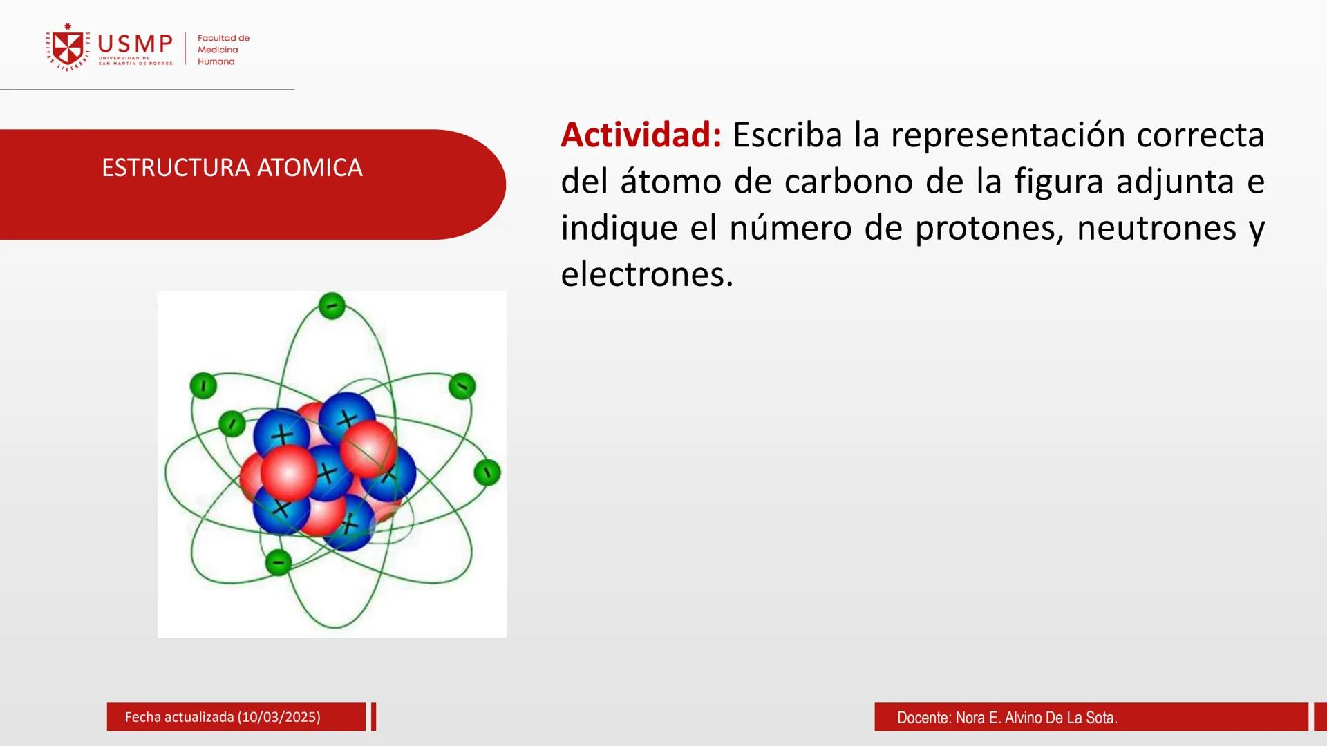 # TEORIA ATOMICA
Introducción a la Química
(10/03/2025)
Nora E. Alvino De La Sota
LA
Información de contacto:
nalvinod@usmp.pe
*
USMP
UNIV