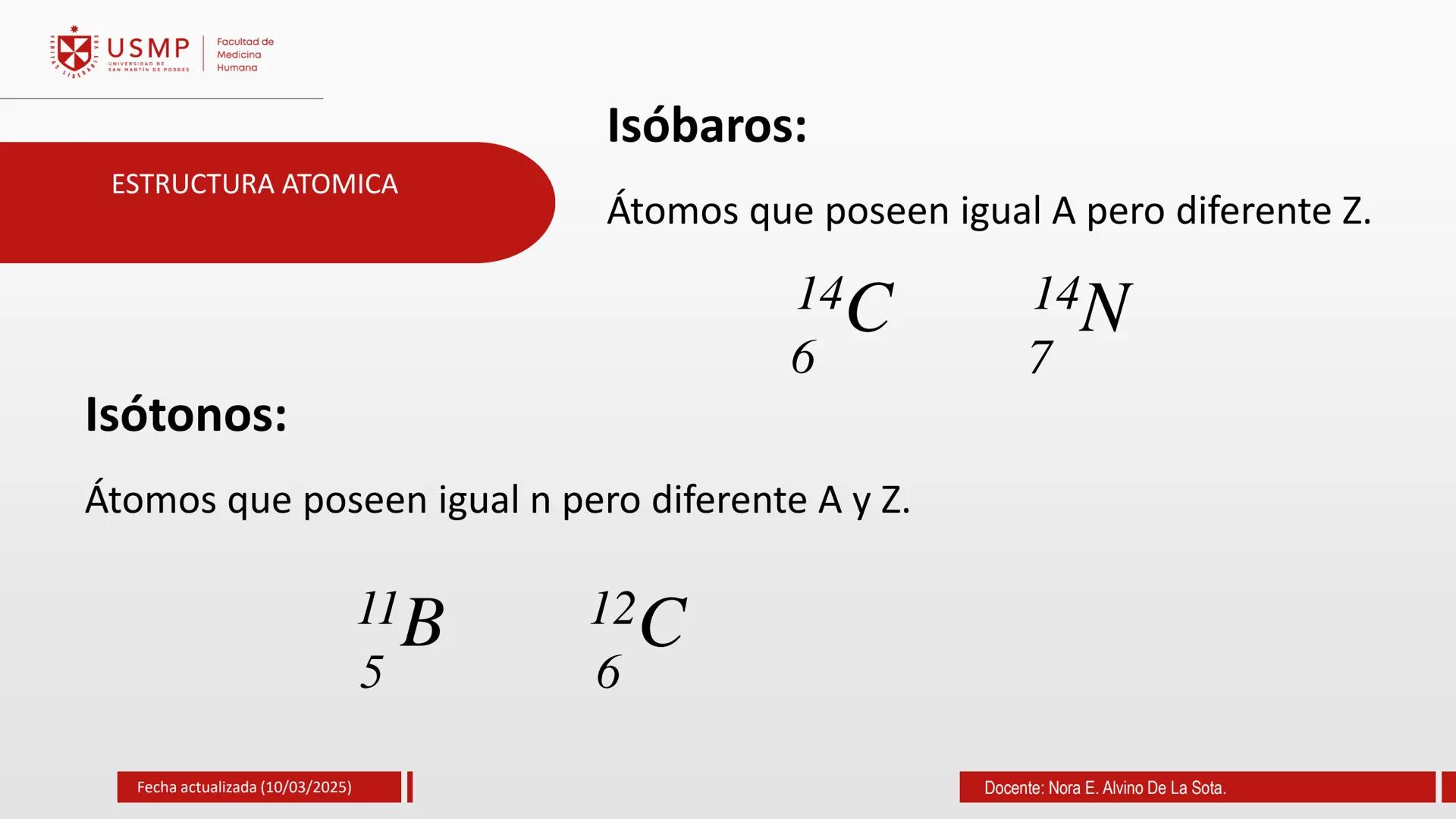 # TEORIA ATOMICA
Introducción a la Química
(10/03/2025)
Nora E. Alvino De La Sota
LA
Información de contacto:
nalvinod@usmp.pe
*
USMP
UNIV