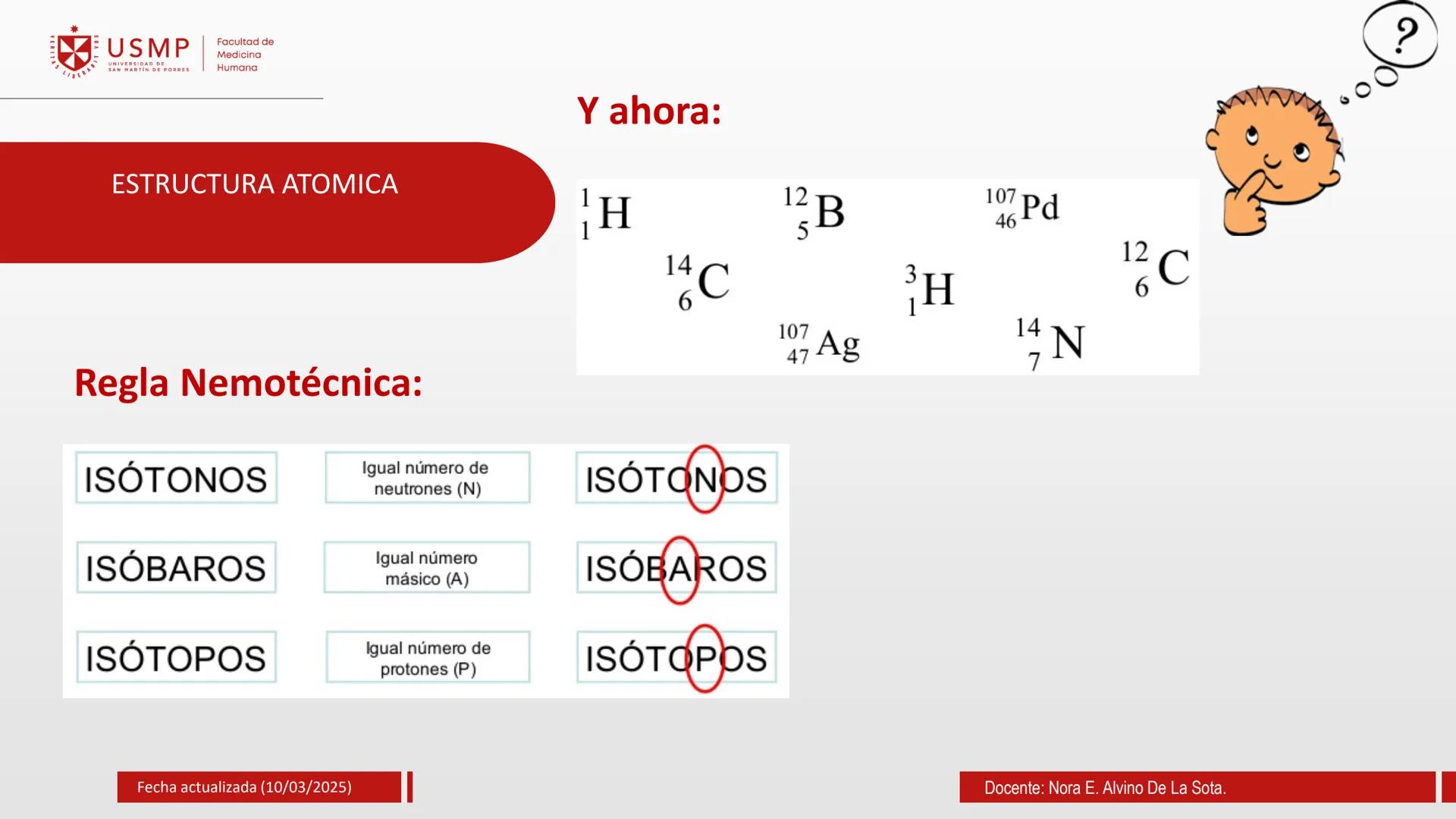 # TEORIA ATOMICA
Introducción a la Química
(10/03/2025)
Nora E. Alvino De La Sota
LA
Información de contacto:
nalvinod@usmp.pe
*
USMP
UNIV
