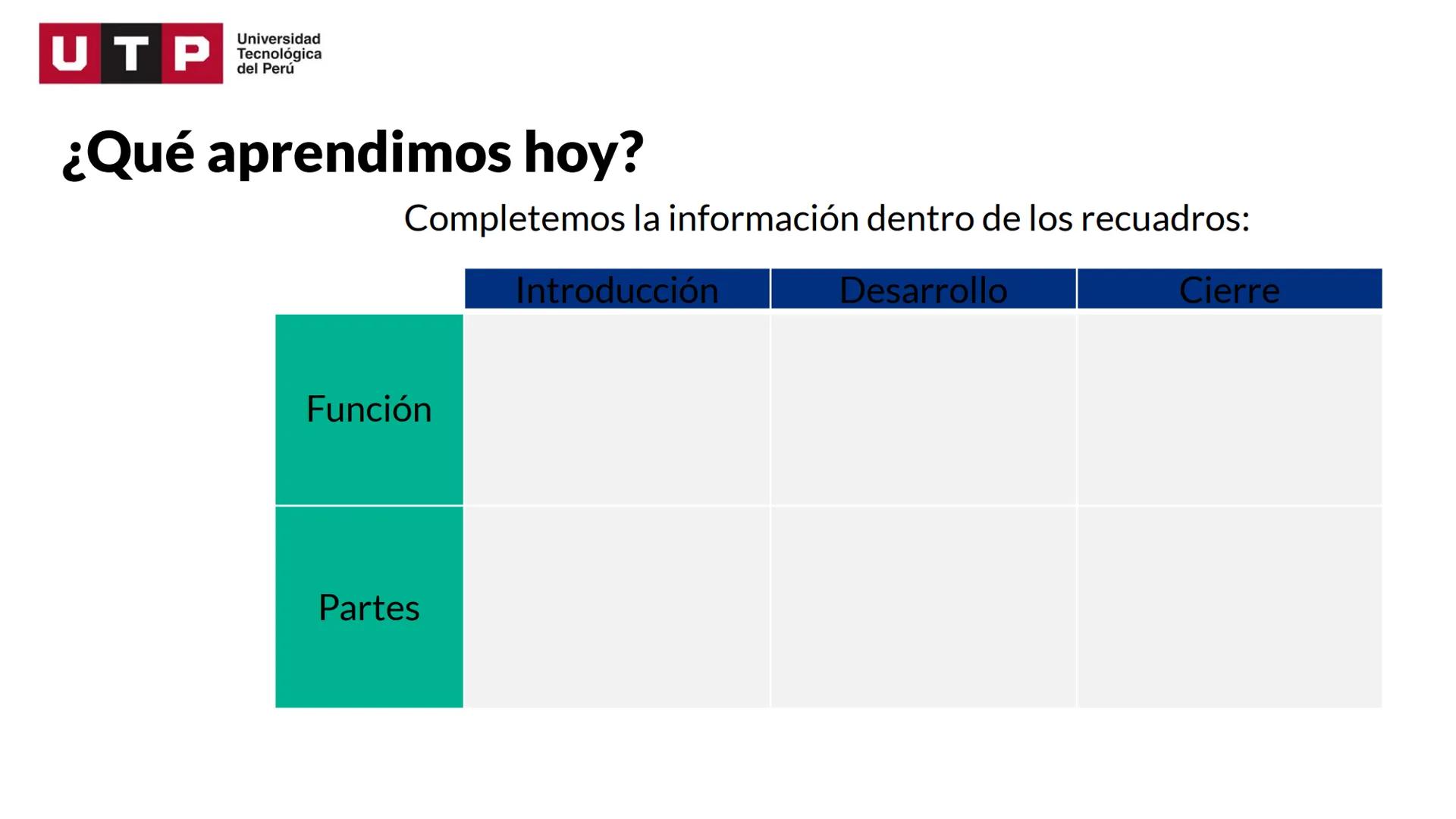 # Estructura del texto
argumentativo.
COMPRESIÓN Y REDACCIÓN DE TEXTO 1 --- OCR Start ---
Universidad
UTP Tecnológica
del Perú
Recordemos l