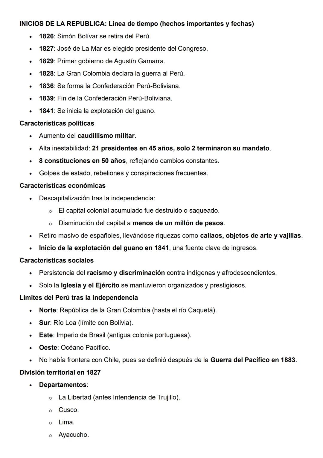 --- OCR Start ---
INICIOS DE LA REPUBLICA: Línea de tiempo (hechos importantes y fechas)
1826: Simón Bolívar se retira del Perú.
1827: José