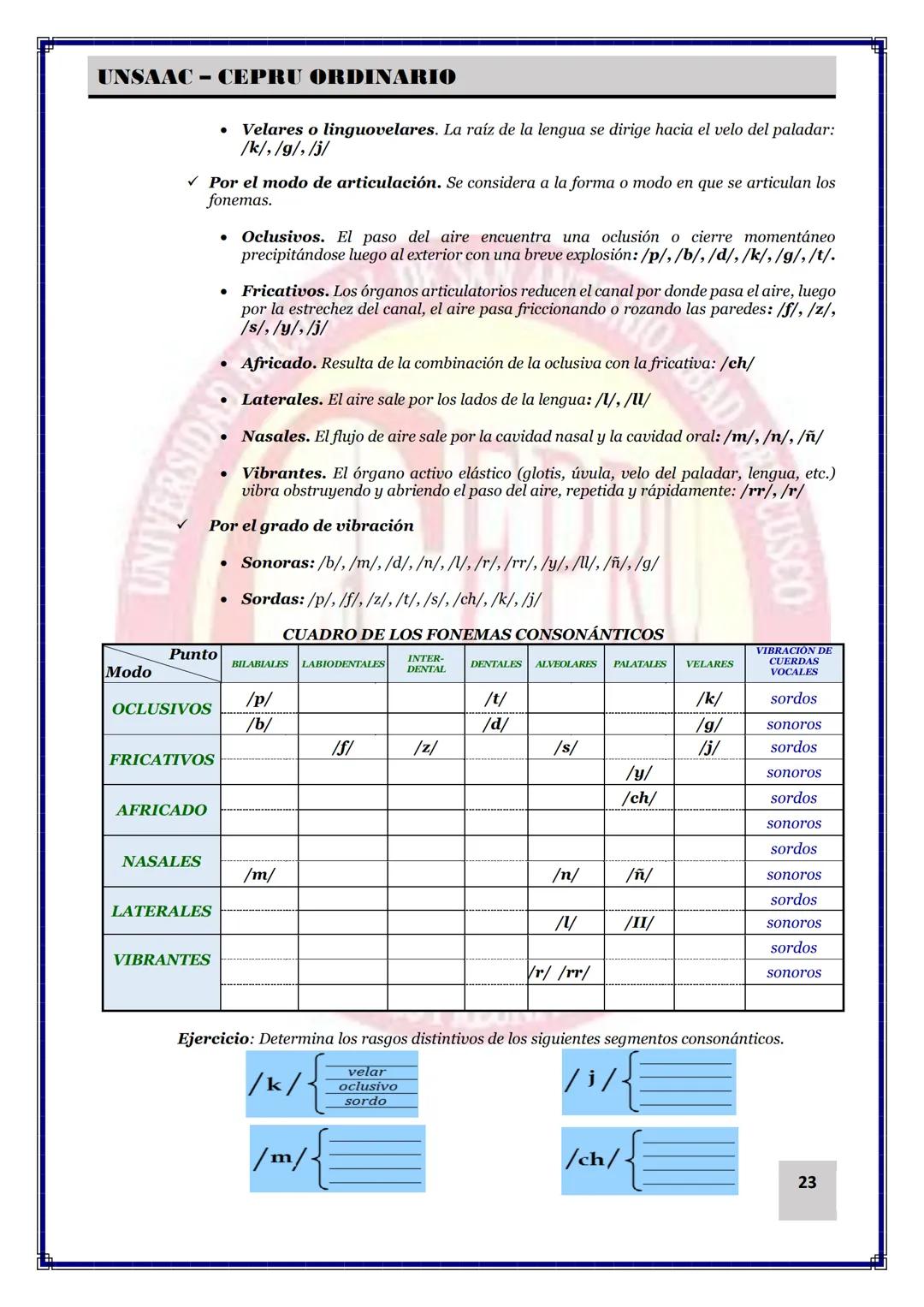 --- OCR Start ---
UNSAAC - CEPRU ORDINARIO
En el español tenemos 24 fonemas, que pueden ser representados en la escritura, por 27 letras
o g