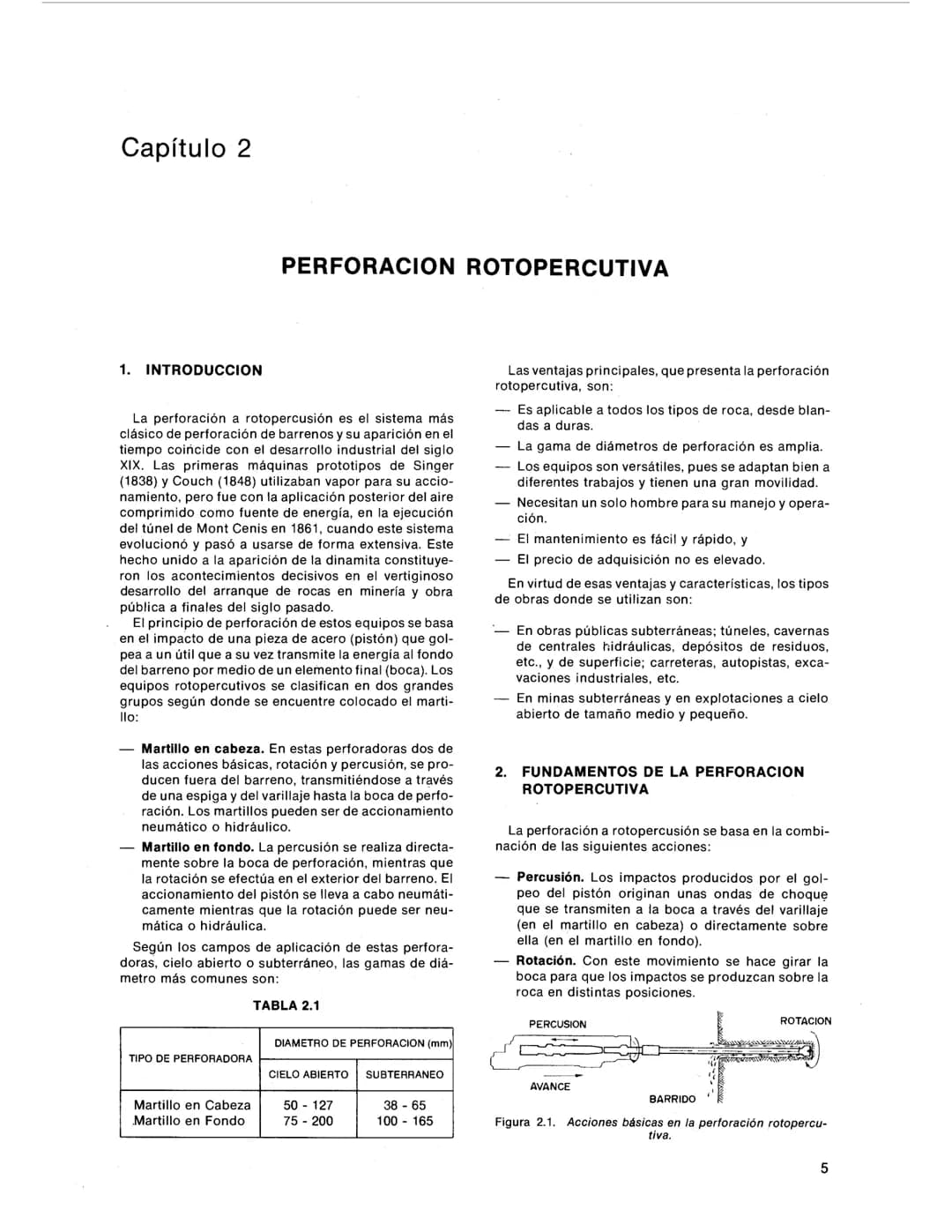 Capítulo 2
PERFORACION ROTOPERCUTIVA
1. INTRODUCCION
La perforación a rotopercusión es el sistema más
clásico de perforación de barrenos