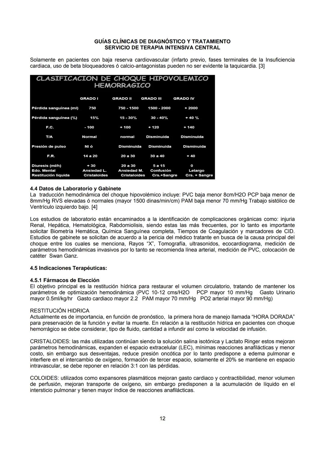 # GUÍAS CLÍNICAS DE DIAGNÓSTICO Y TRATAMIENTO
## SERVICIO DE TERAPIA INTENSIVA CENTRAL
## 4.- CHOQUE HIPOVOLÉMICO
4.1 Introducción
La hip