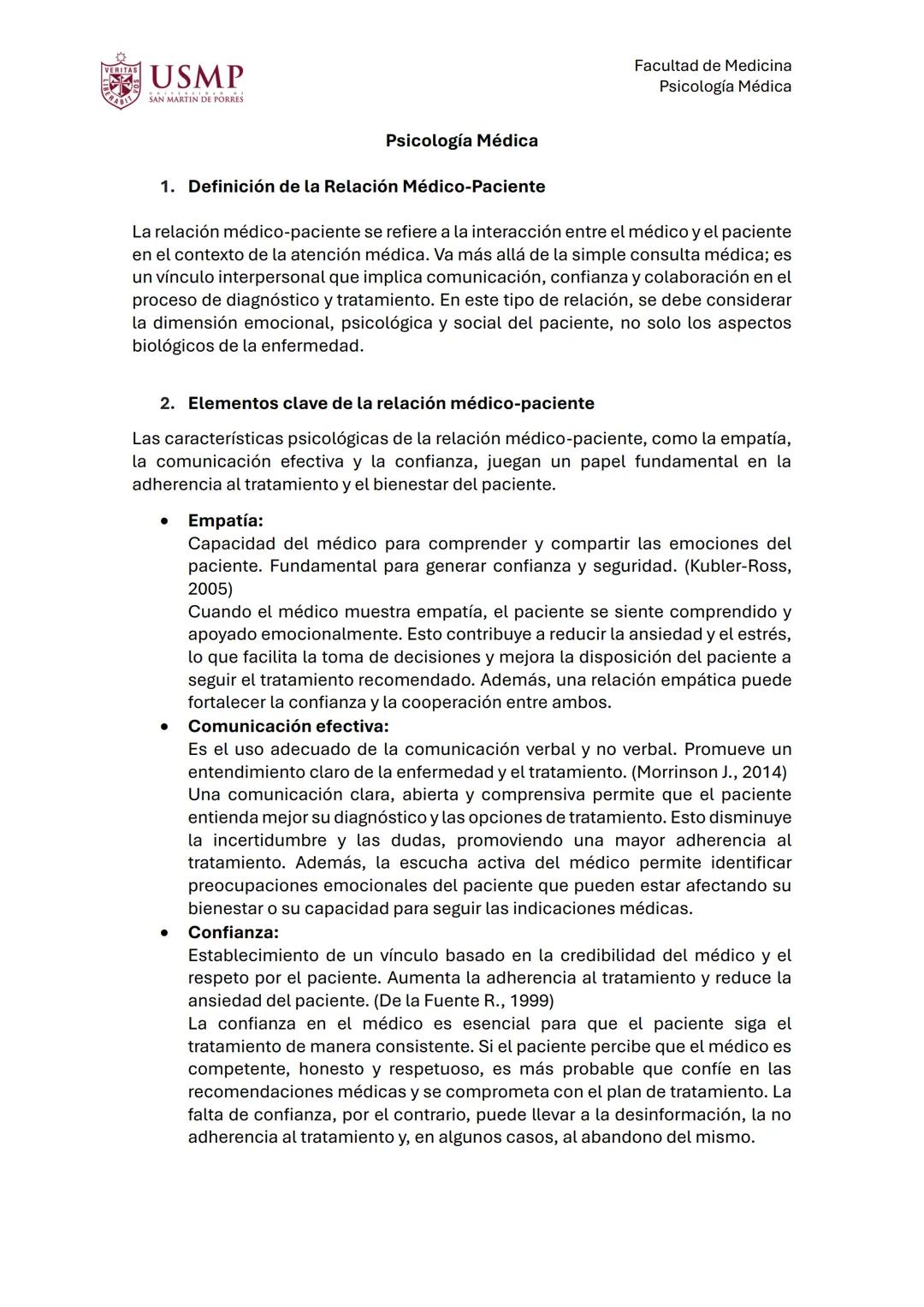 USMP
SAN MARTIN DE PORRES
Psicología Médica
Facultad de Medicina
Psicología Médica
1. Definición de la Relación Médico-Paciente
La relación