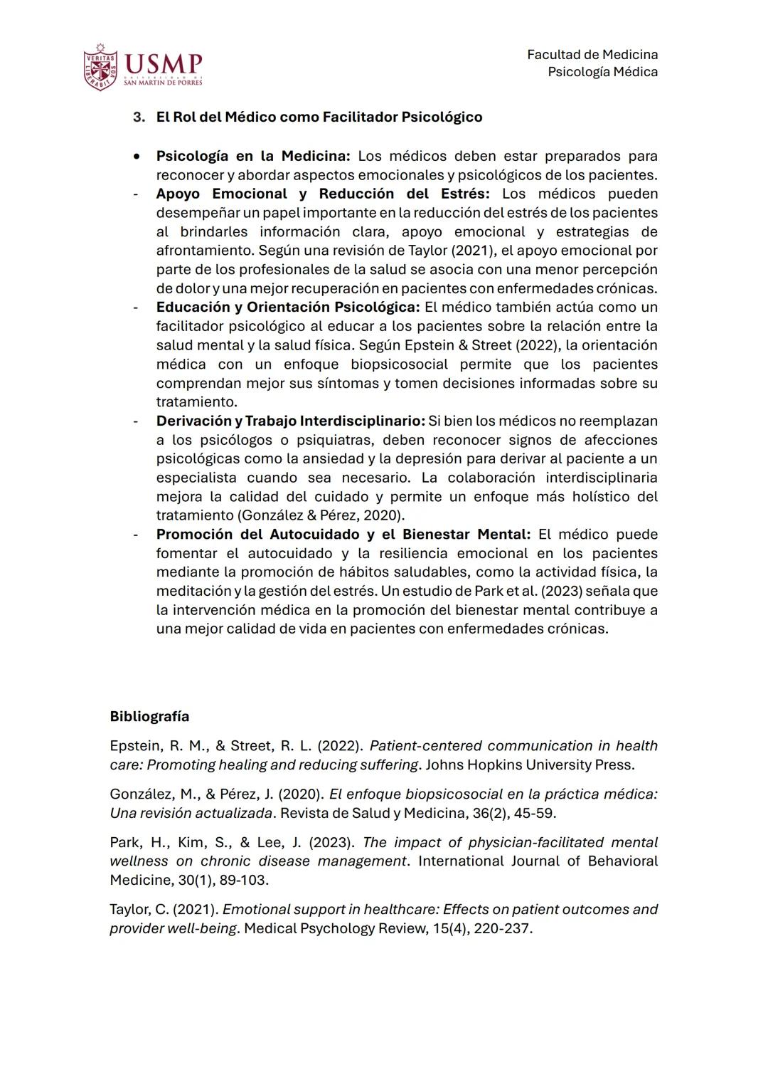 USMP
SAN MARTIN DE PORRES
Psicología Médica
Facultad de Medicina
Psicología Médica
1. Definición de la Relación Médico-Paciente
La relación