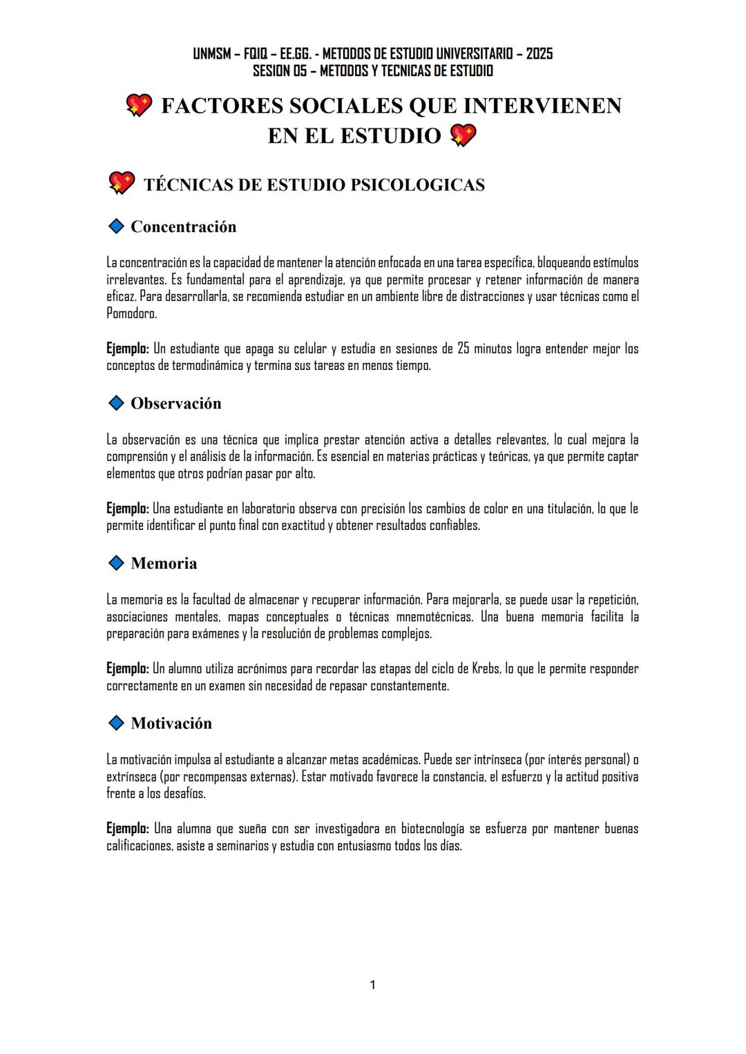 --- OCR Start ---
UNMSM-FQIQ-EE.GG. - METODOS DE ESTUDIO UNIVERSITARIO - 2025
SESION 05 - METODOS Y TECNICAS DE ESTUDIO
FACTORES SOCIALES QU