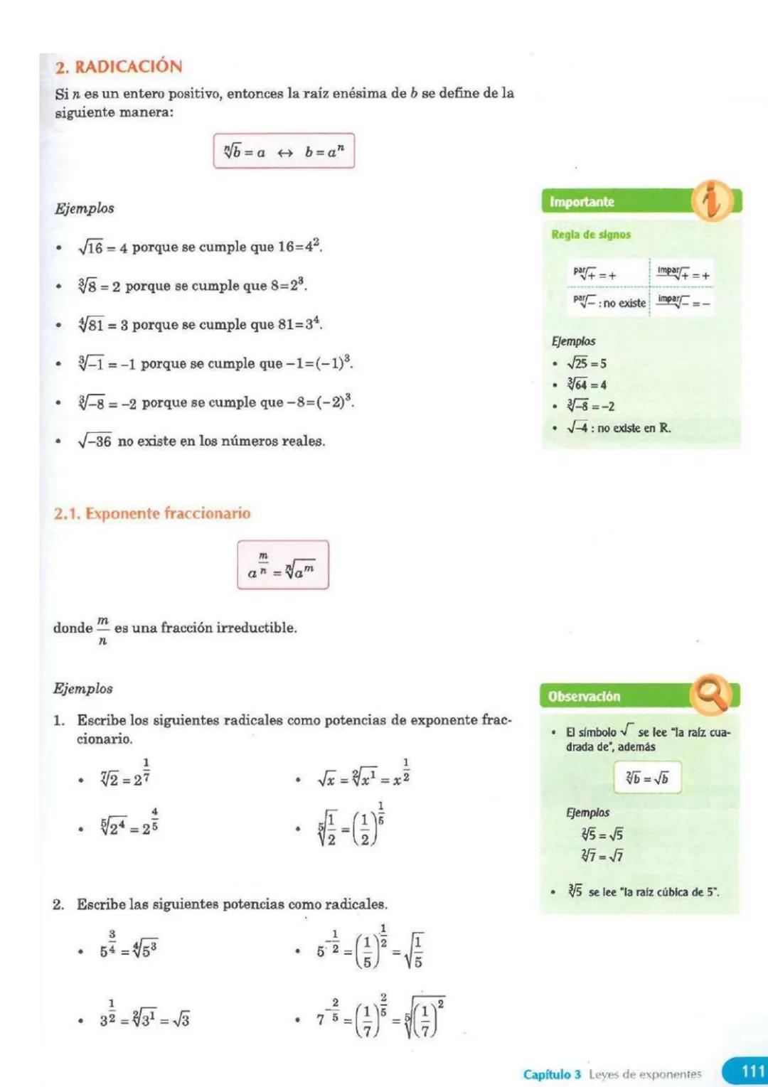 # Capítulo
LEYES DE EXPONENTES
3
Observación
* 32 se lee "tres elevado al cuadra-
do".
* 53 se lee "cinco elevado al cubo".
* 74 s