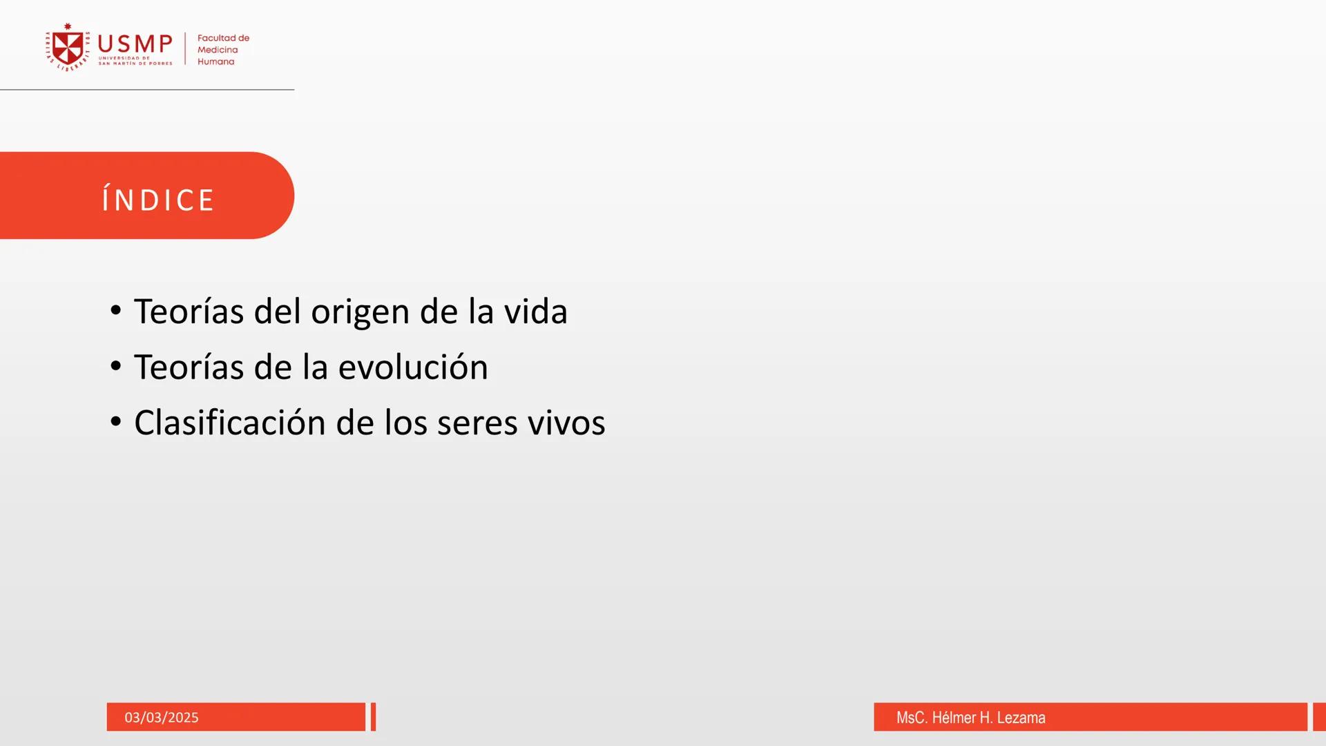 # ORIGEN DE LA VIDA, EVOLUCIÓN,
# NIVELES DE ORGANIZACIÓN Y
# CLASIFICACIÓN DE LOS SERES VIVOS
Introducción a la Biología
03/03/2025
Msc.