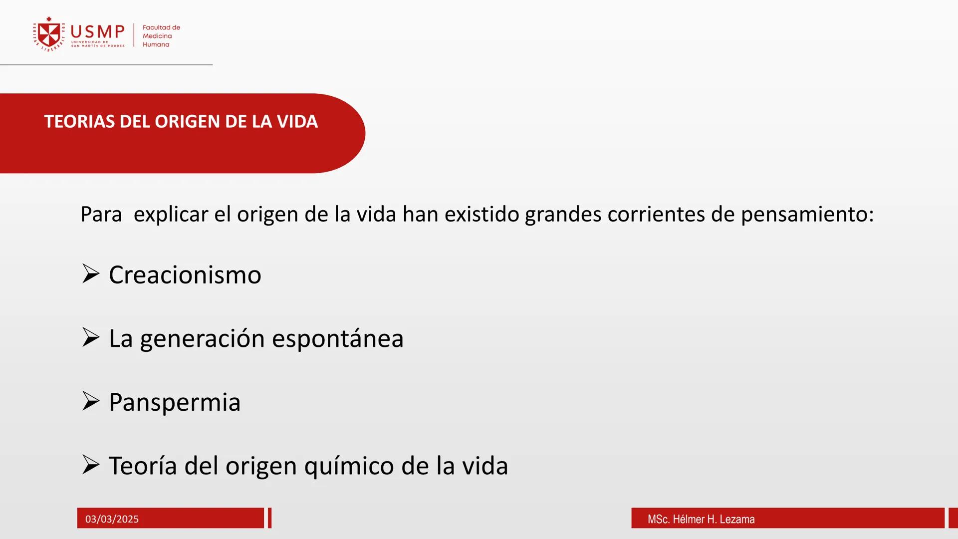 # ORIGEN DE LA VIDA, EVOLUCIÓN,
# NIVELES DE ORGANIZACIÓN Y
# CLASIFICACIÓN DE LOS SERES VIVOS
Introducción a la Biología
03/03/2025
Msc.