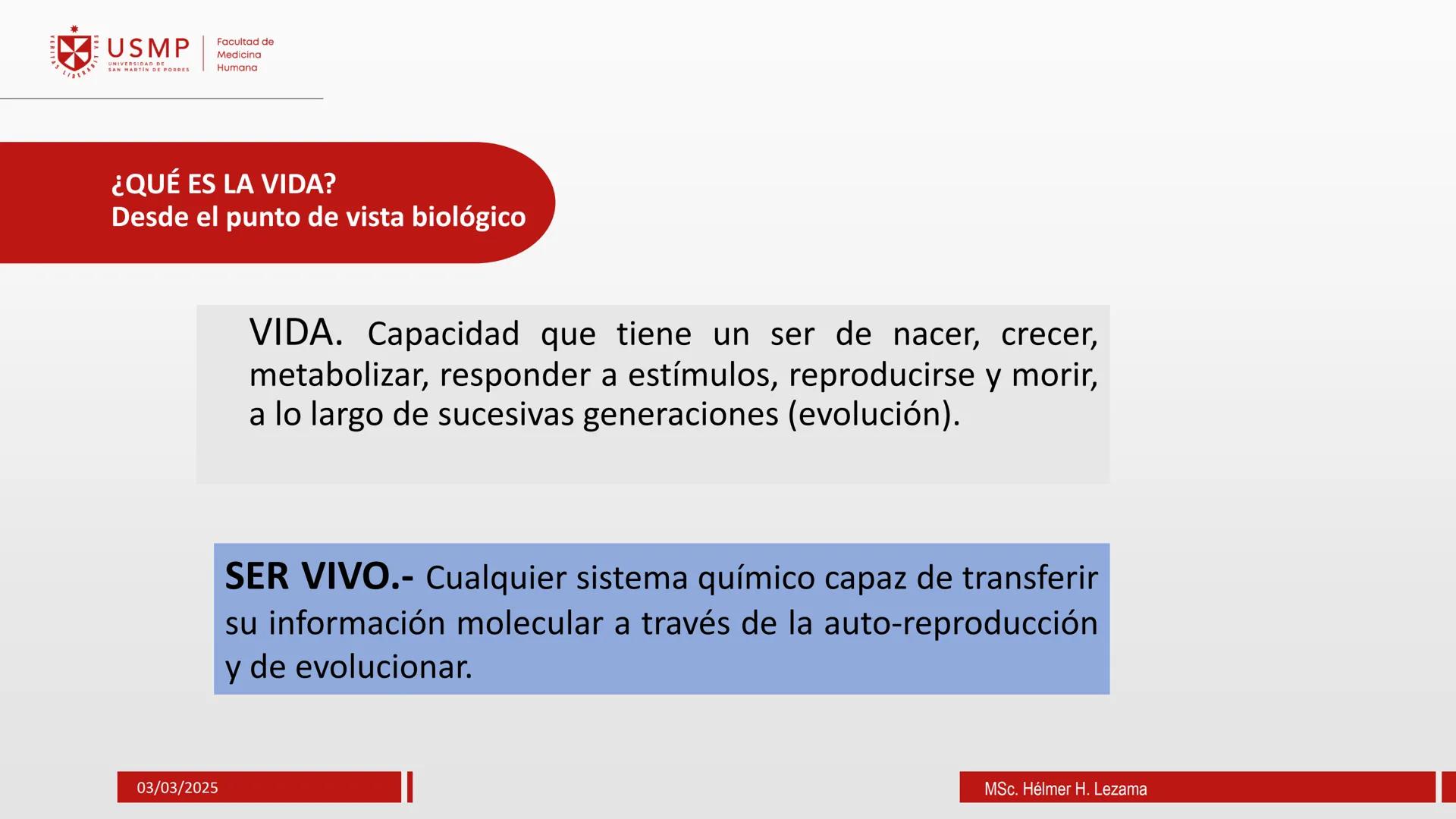# ORIGEN DE LA VIDA, EVOLUCIÓN,
# NIVELES DE ORGANIZACIÓN Y
# CLASIFICACIÓN DE LOS SERES VIVOS
Introducción a la Biología
03/03/2025
Msc.