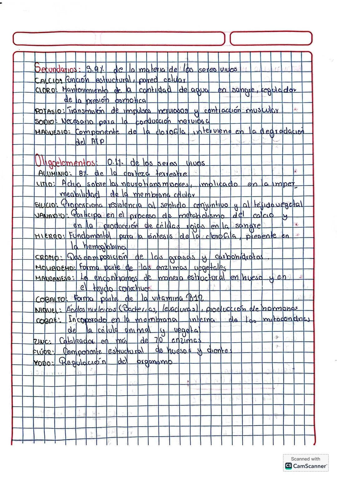 Secundarios: 3.9% de la materia de los seres vivos
CALCIO función estructural, pared celuar
CLORO. Mantenimiento de la cantidad de agua en