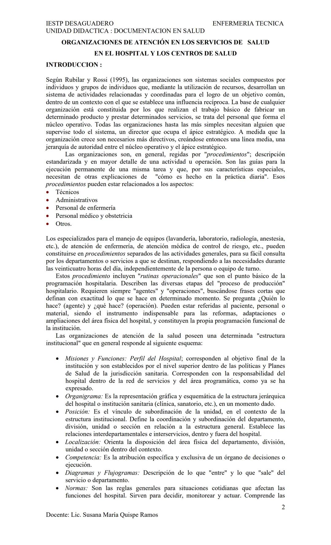 IESTP DESAGUADERO
UNIDAD DIDACTICA: DOCUMENTACION EN SALUD
ENFERMERIA TECNICA
SISTEMAS DE SALUD
Un sistema de salud engloba todas las organi