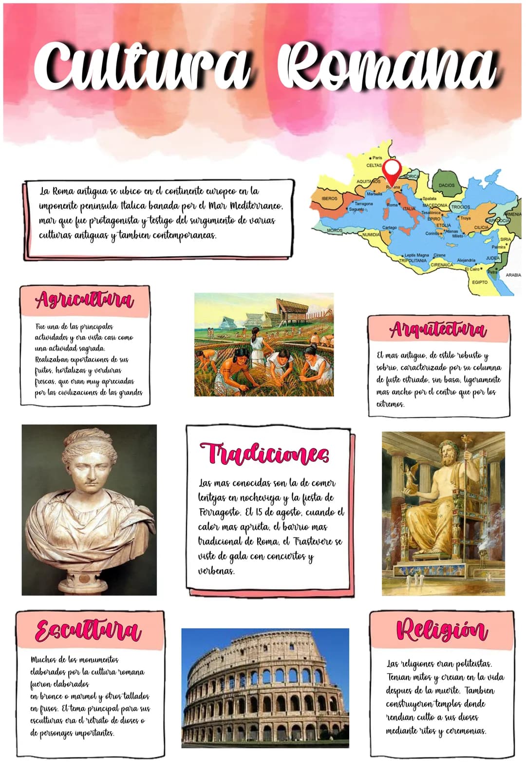 --- OCR Start ---
Cultura Romana
La Roma antigua se ubico en el continente europeo en la
imponente peninsula ttalica banada por el Mar Medit