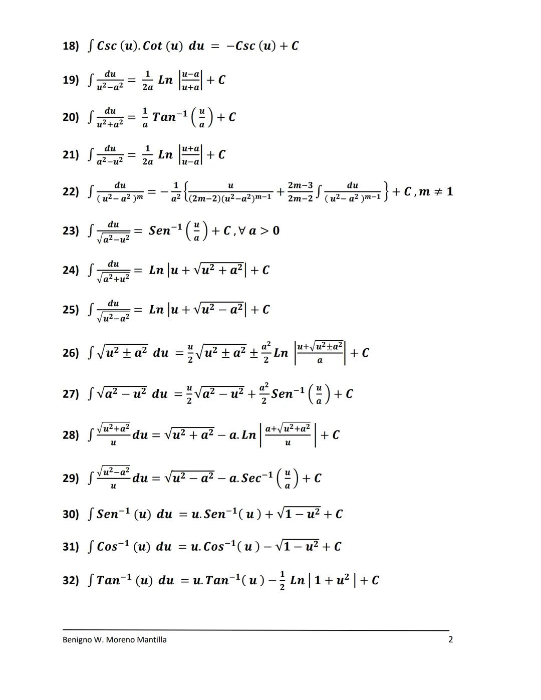 TABLA DE INTEGRALES
1) ∫ du = u + C
2) ∫uⁿ du = \frac{u^{n+1}}{n+1} + C ∀n ≠ −1, n ∈ Q,
3) ∫\frac{du}{u} = Ln|u| + C, el valor absoluto del