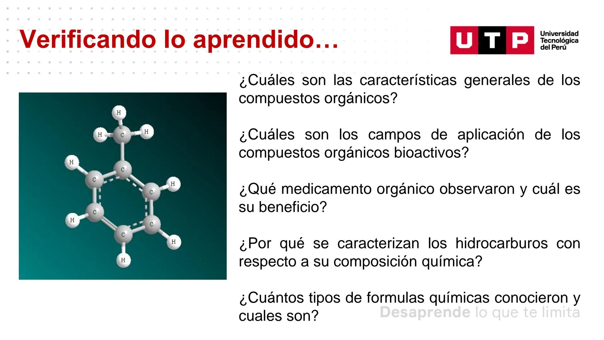 Características generales de los
compuestos orgánicos
QUÍMICA GENERAL Y ORGÁNICA PARA CCSS
Universidad
UTP Tecnológica
del Perú Resumen de l
