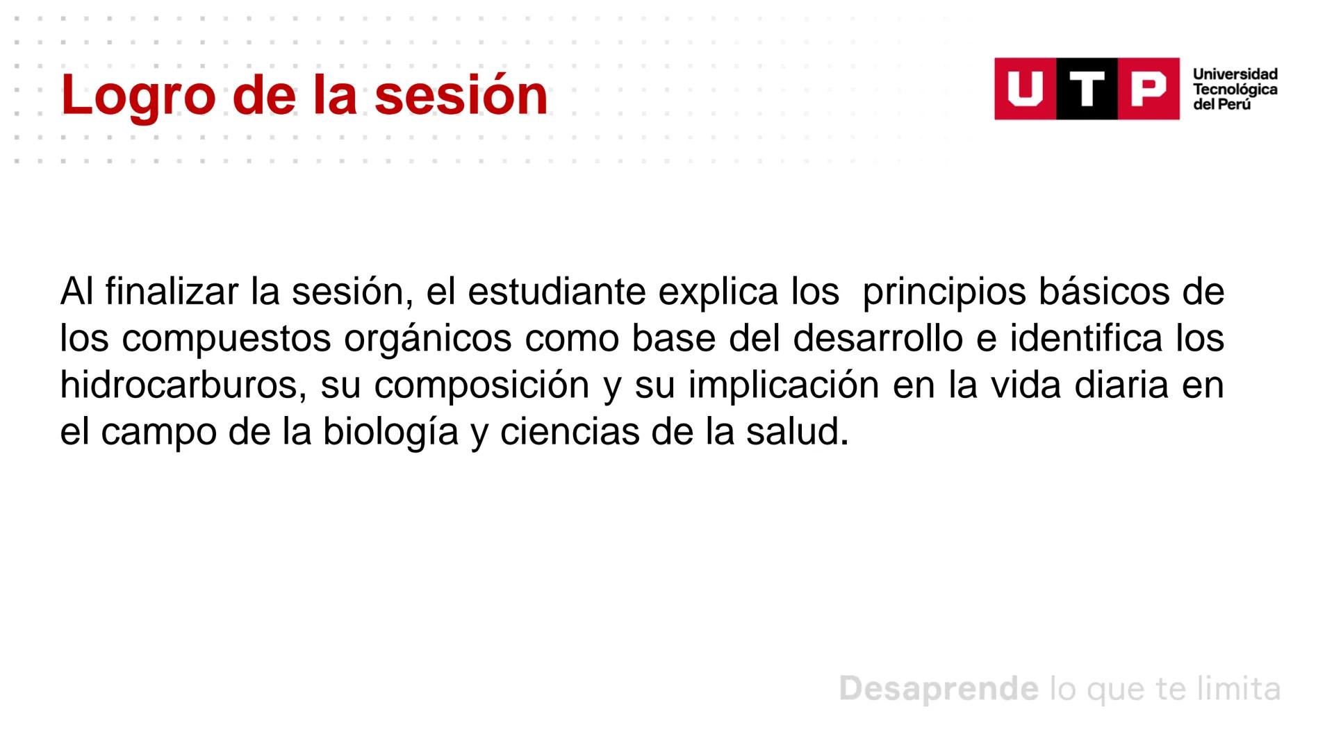 Características generales de los
compuestos orgánicos
QUÍMICA GENERAL Y ORGÁNICA PARA CCSS
Universidad
UTP Tecnológica
del Perú Resumen de l