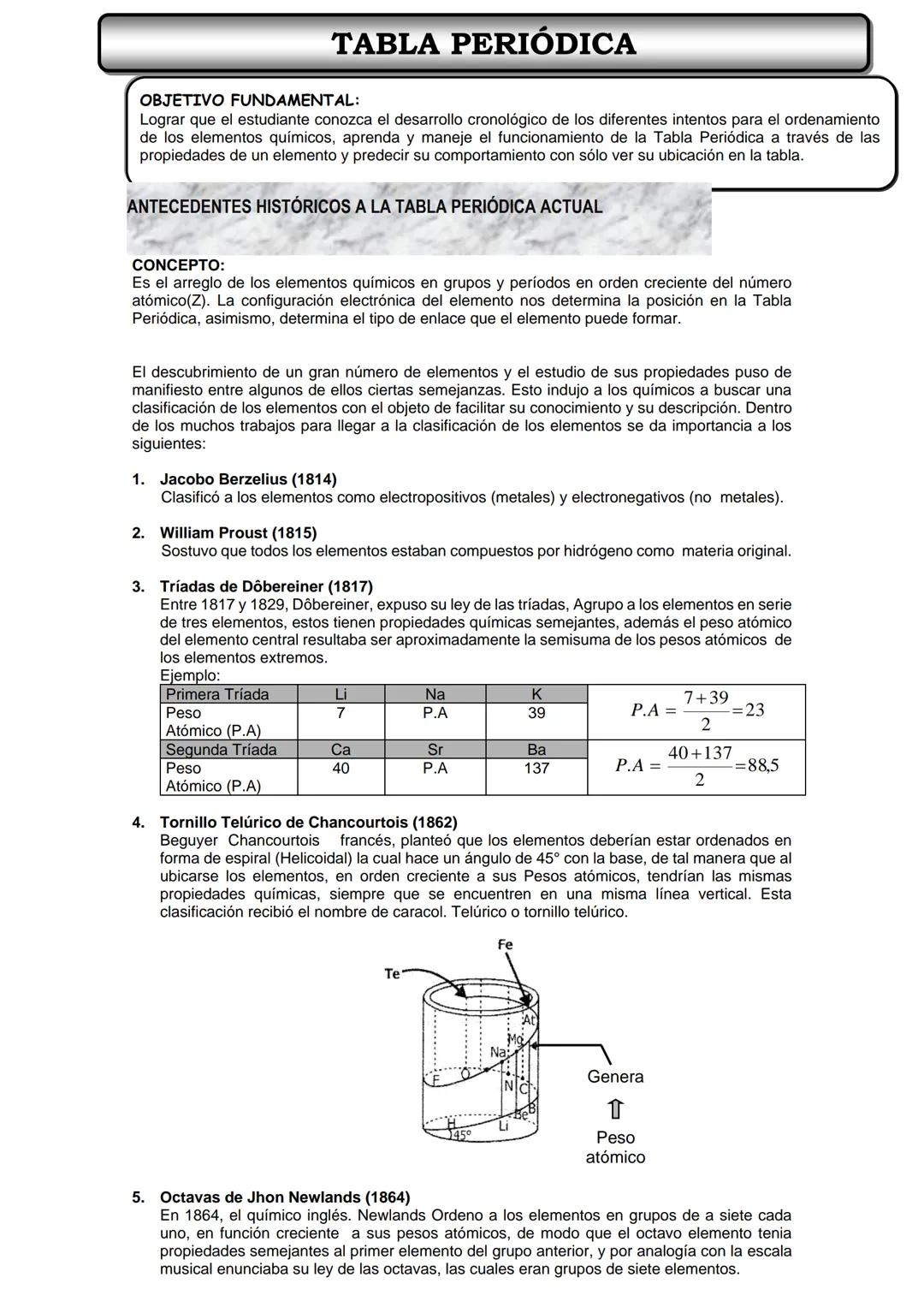 TABLA PERIÓDICA
OBJETIVO FUNDAMENTAL:
Lograr que el estudiante conozca el desarrollo cronológico de los diferentes intentos para el ordenami