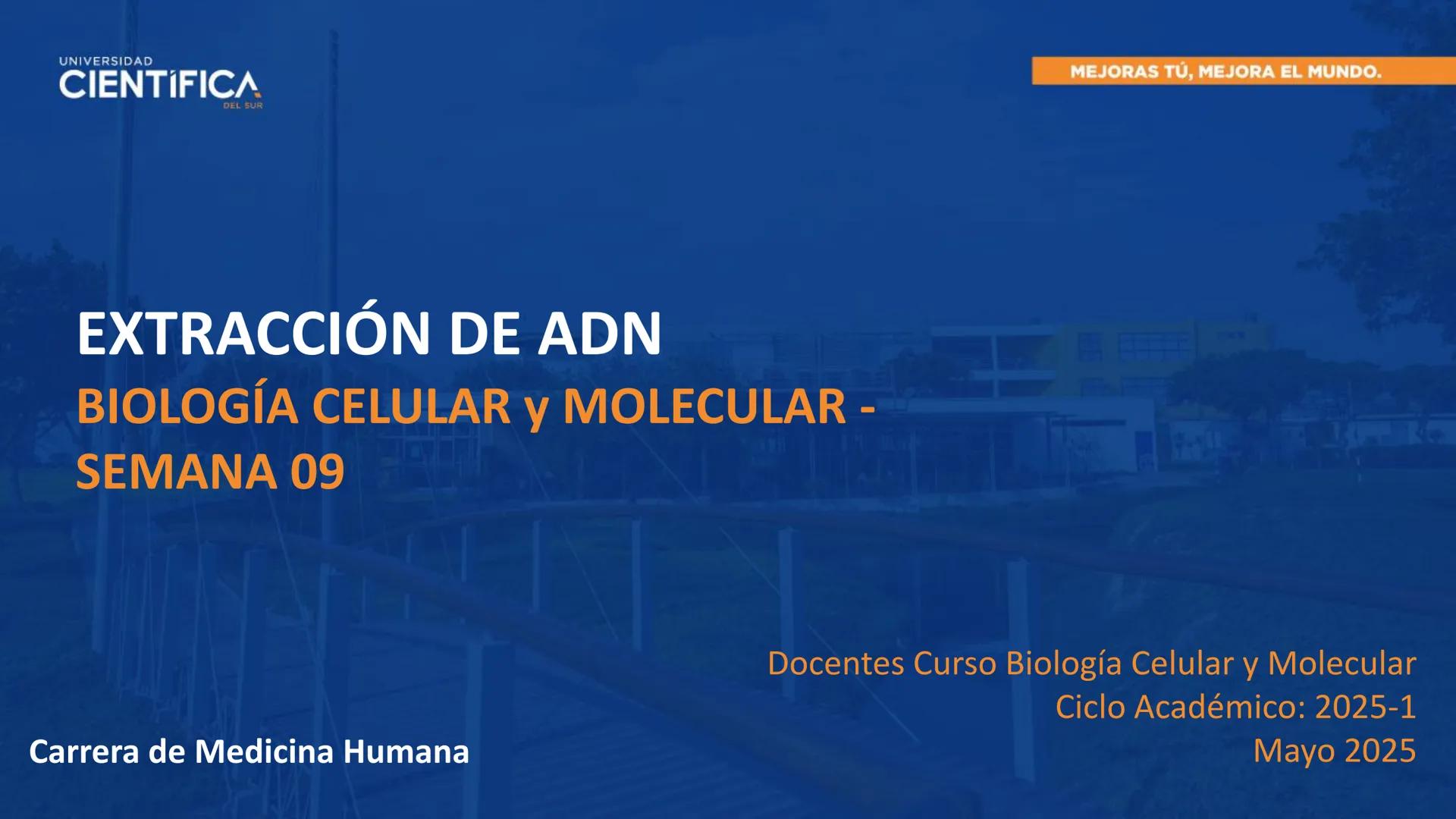 UNIVERSIDAD
CIENTÍFICA
DEL SUR
EXTRACCIÓN DE ADN
BIOLOGÍA CELULAR Y MOLECULAR
SEMANA 09
-
MEJORAS TÚ, MEJORA EL MUNDO.
Carrera de Medicina H