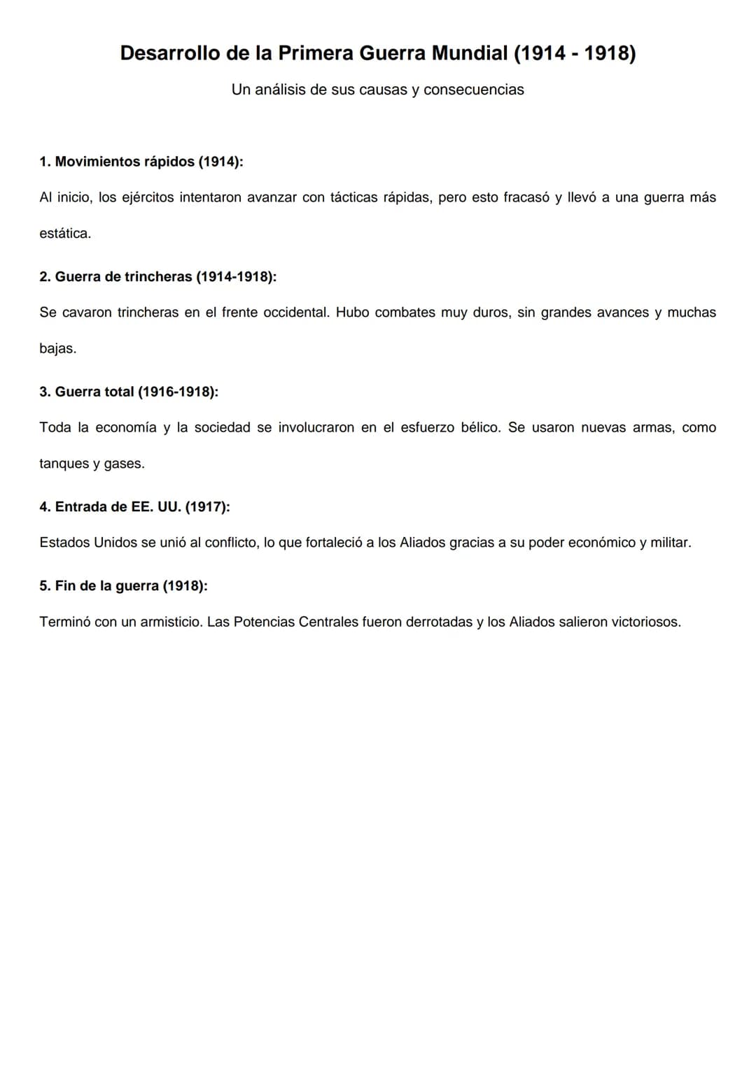 Desarrollo de la Primera Guerra Mundial (1914 - 1918)
Un análisis de sus causas y consecuencias
1. Movimientos rápidos (1914):
Al inicio, lo