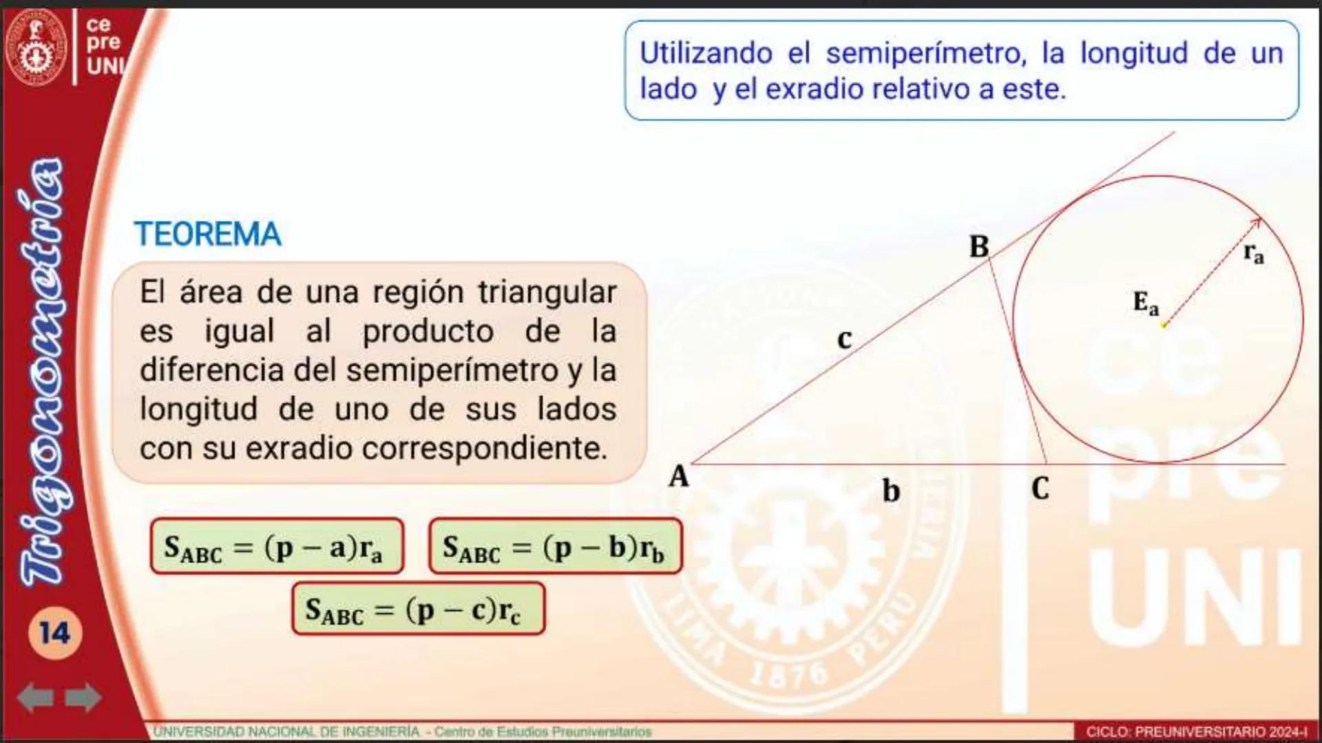 Trigonometría
10
ce
pre
UNI
TEOREMA
Utilizando la longitud del circunradio y las
medidas de sus ángulos interiores
El área de una región tri