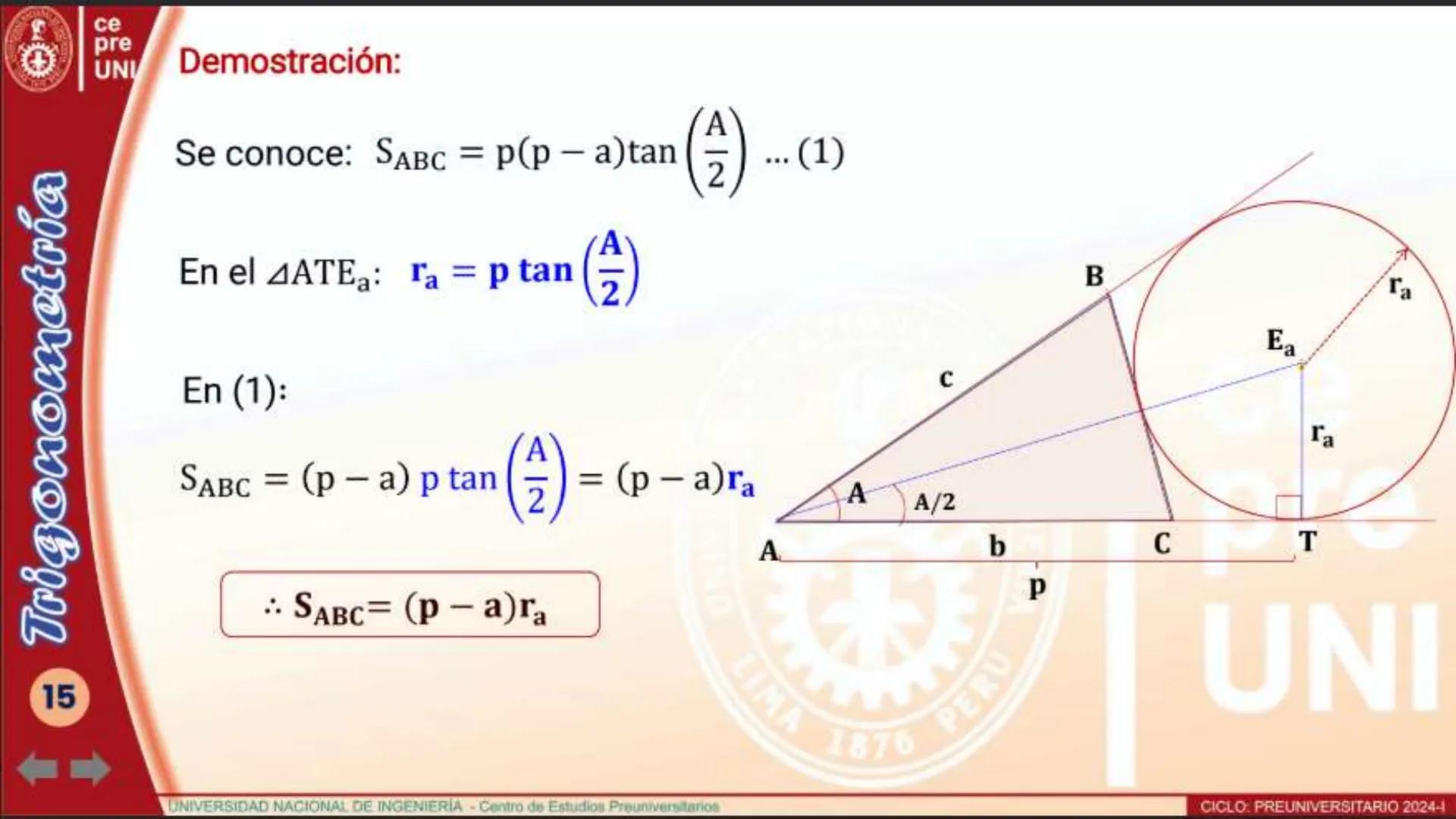 Trigonometría
10
ce
pre
UNI
TEOREMA
Utilizando la longitud del circunradio y las
medidas de sus ángulos interiores
El área de una región tri